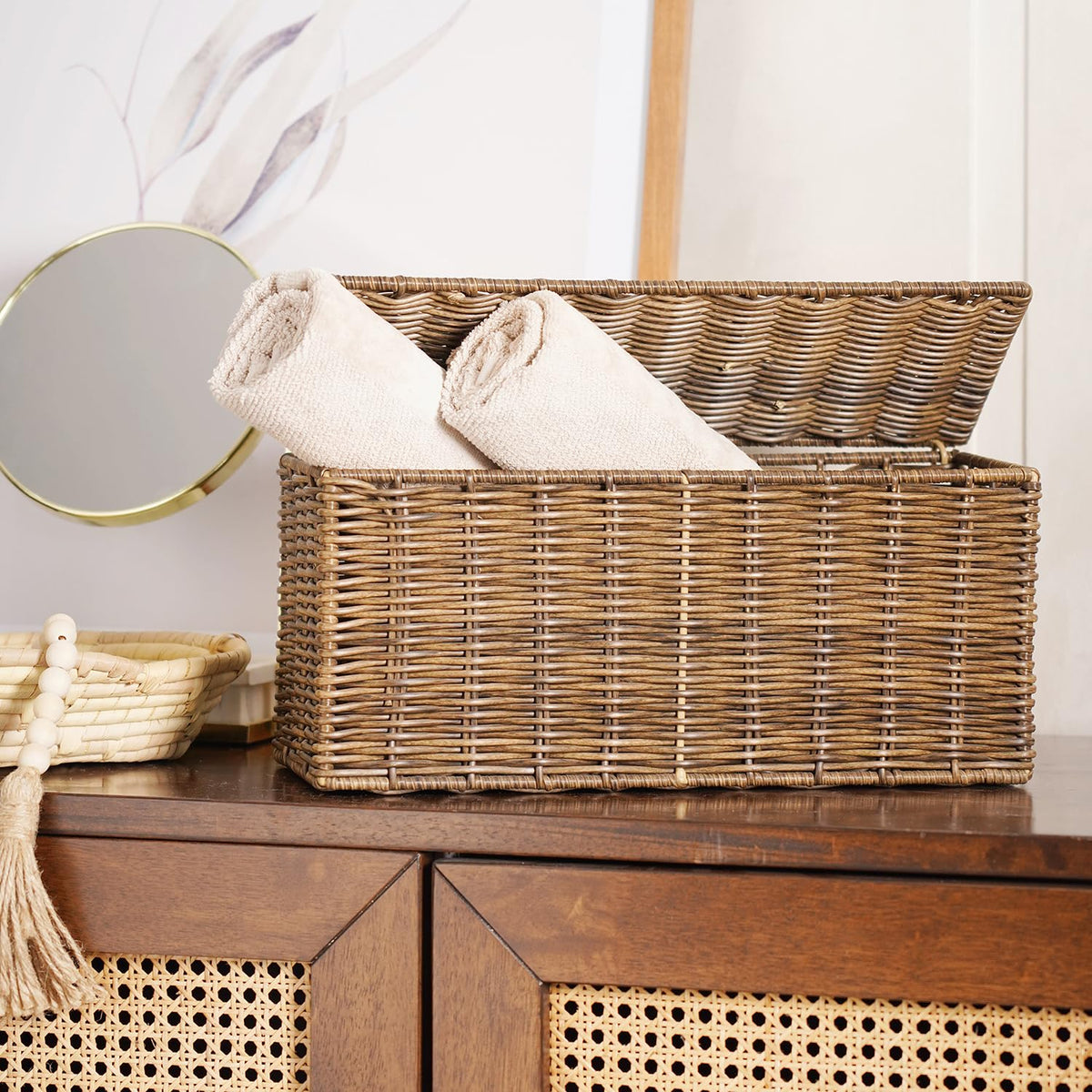 Pure Home + Living Light Brown Resin Wicker Tissue Roll Holder with Lid, Resin Tissue Box Holder, Handcrafted Tissue Dispenser f