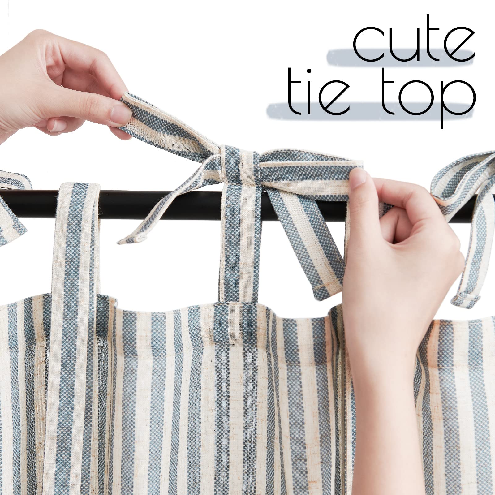 Jinchan Kitchen Curtains 36 Inch Length Striped Tie Top Linen Tier Curtains Short Curtains For Living Room Bedroom Bathroom Farmhouse Light Filtering Rod Pocket Cafe Curtains 2 Panels Blue On Beige