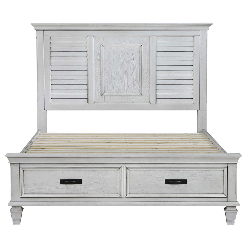 Coaster Home Furnishings Franco Farmhouse 4-Piece Bedroom Set Eastern King Size Storage Panel Bed Frame 57-inch Headboard Distressed White 205330KE-S4