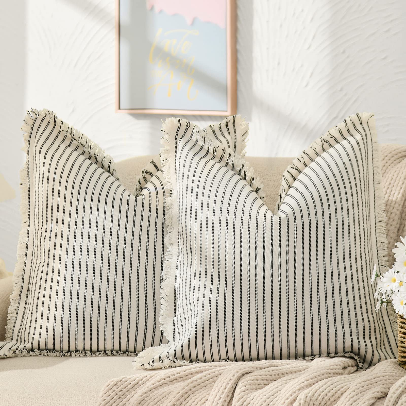 Zwjd Throw Pillow Covers 22X22 Set Of 2 Striped Pillow Covers With Fringe Chic Cotton Decorative Pillows Square Cushion Covers F