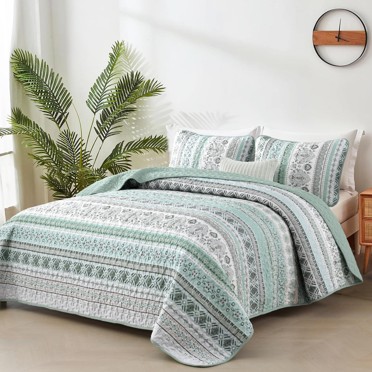 Goodidea Boho Quilt Set King Size,3 Piece Mint Green Bohemian Striped Bedspread Coverlet Set With 2 Pillow Cases Lightweight Sof