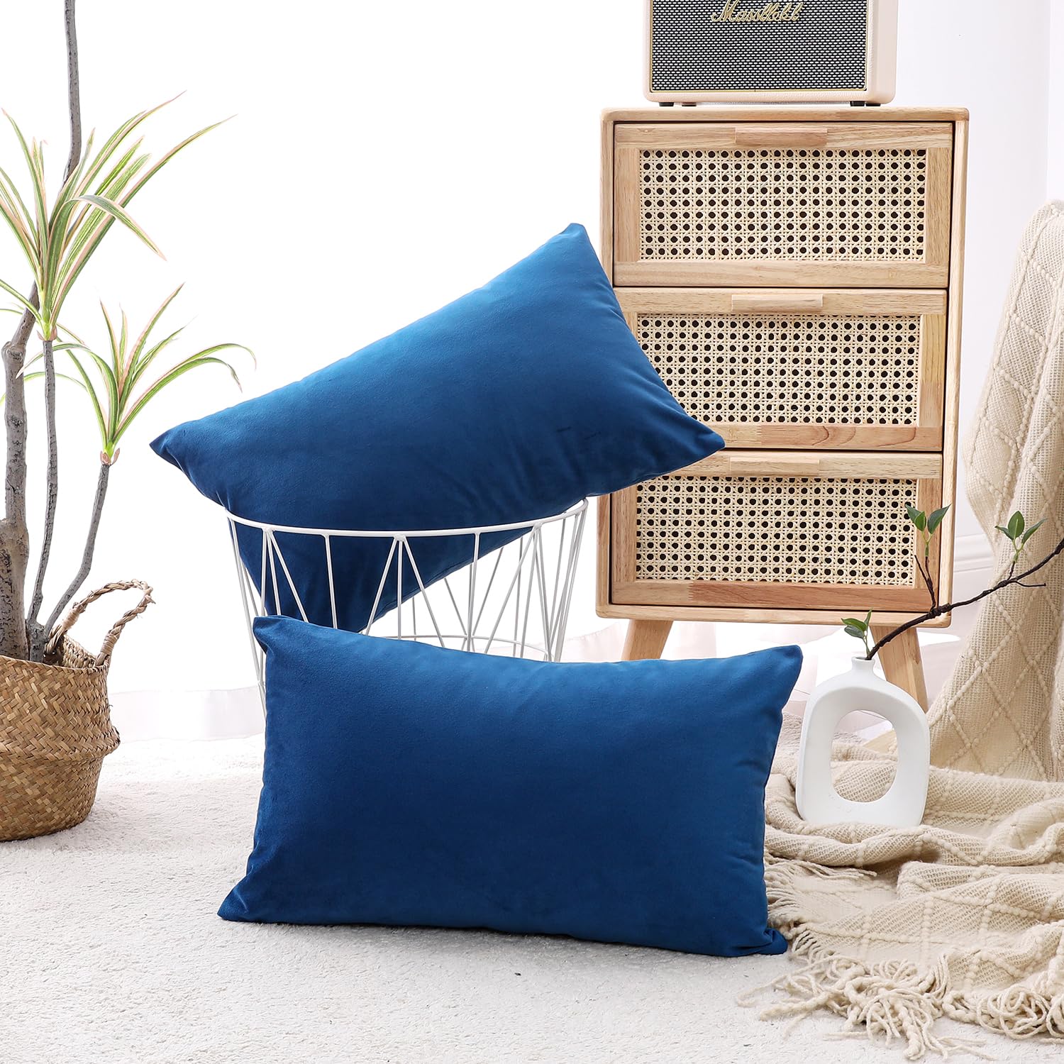 Nini All Decorative Throw Pillow Covers Velvet 12X20 Inch Pack Of 2 Blue Cushion Covers Soft For Couch Sofa Bedroom Living Room