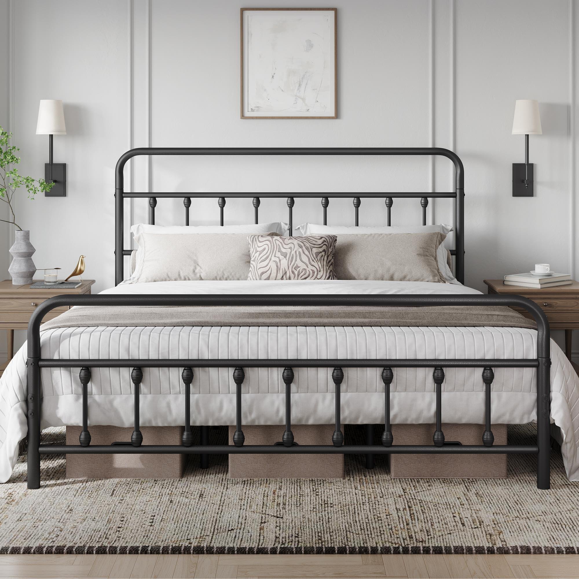 Yaheetech Classic Metal Platform Bed Frame Mattress Foundation With Victorian Style Iron-Art Headboard/Footboard/Under Bed Storage/No Box Spring Needed/California King Size Black