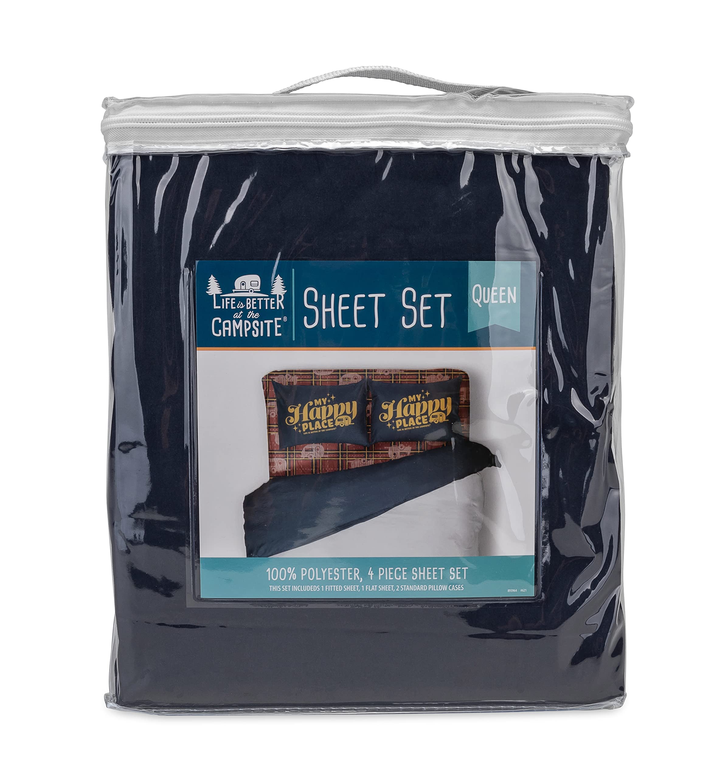 Camco Life Is Better At The Campsite Bed Sheet Set  Crafted Of 100% Polyester & Machine Washable  Features A Red Plaid My Happy