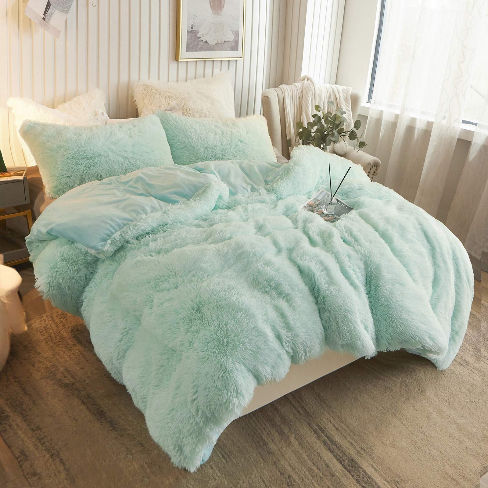 Xege Rainbow Plush Faux Fur Duvet Cover Queen Size, Tie Dye Print Shaggy Furry Comforter Cover, Soft Colorful Fluffy Fuzzy Velve