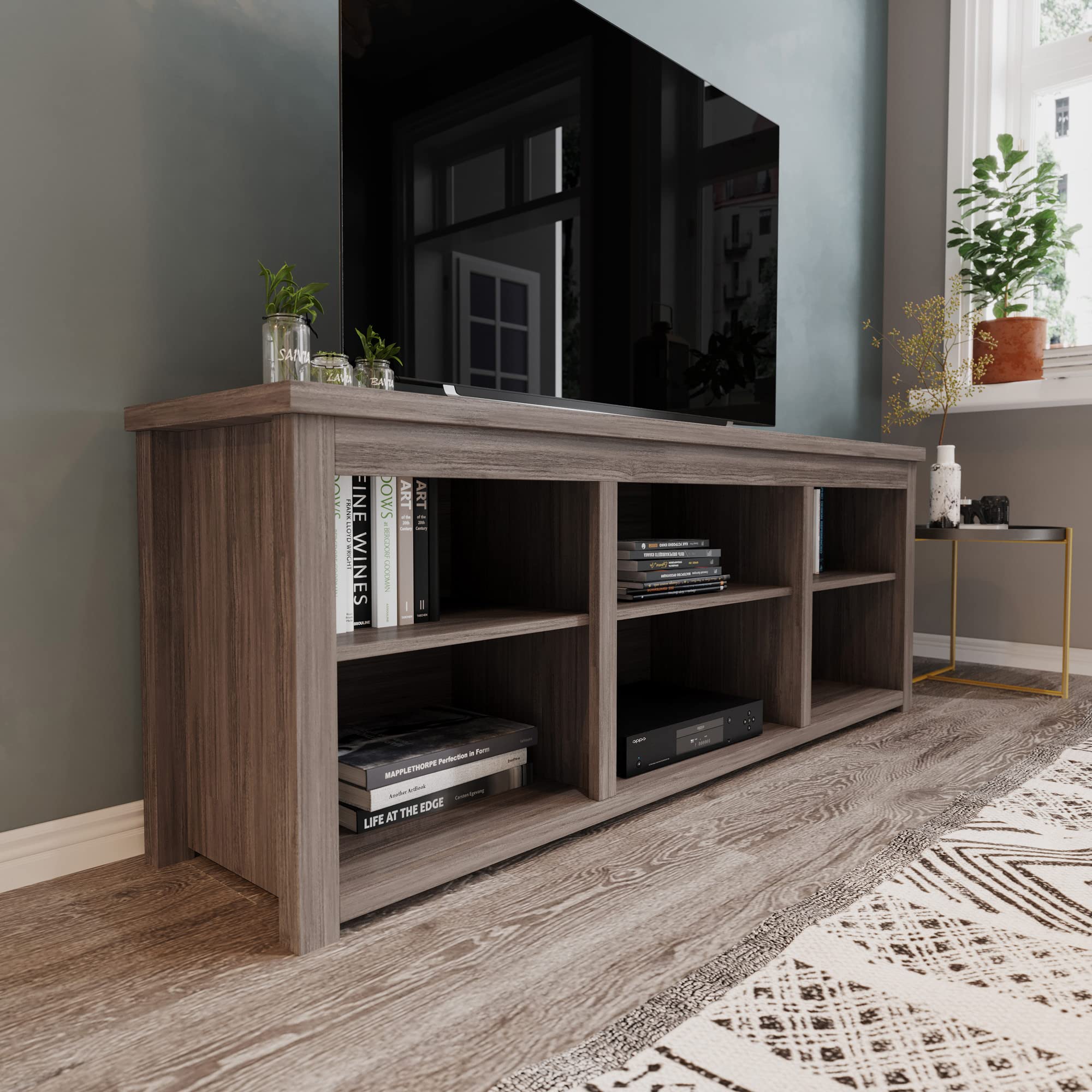 Flash Furniture Kilead TV Stand for up to 80&quot; TVs - Modern Gray Wash Oak Finish - 65&quot; Engineered Wood Framed Media Console - 6 Open Storage Compartments