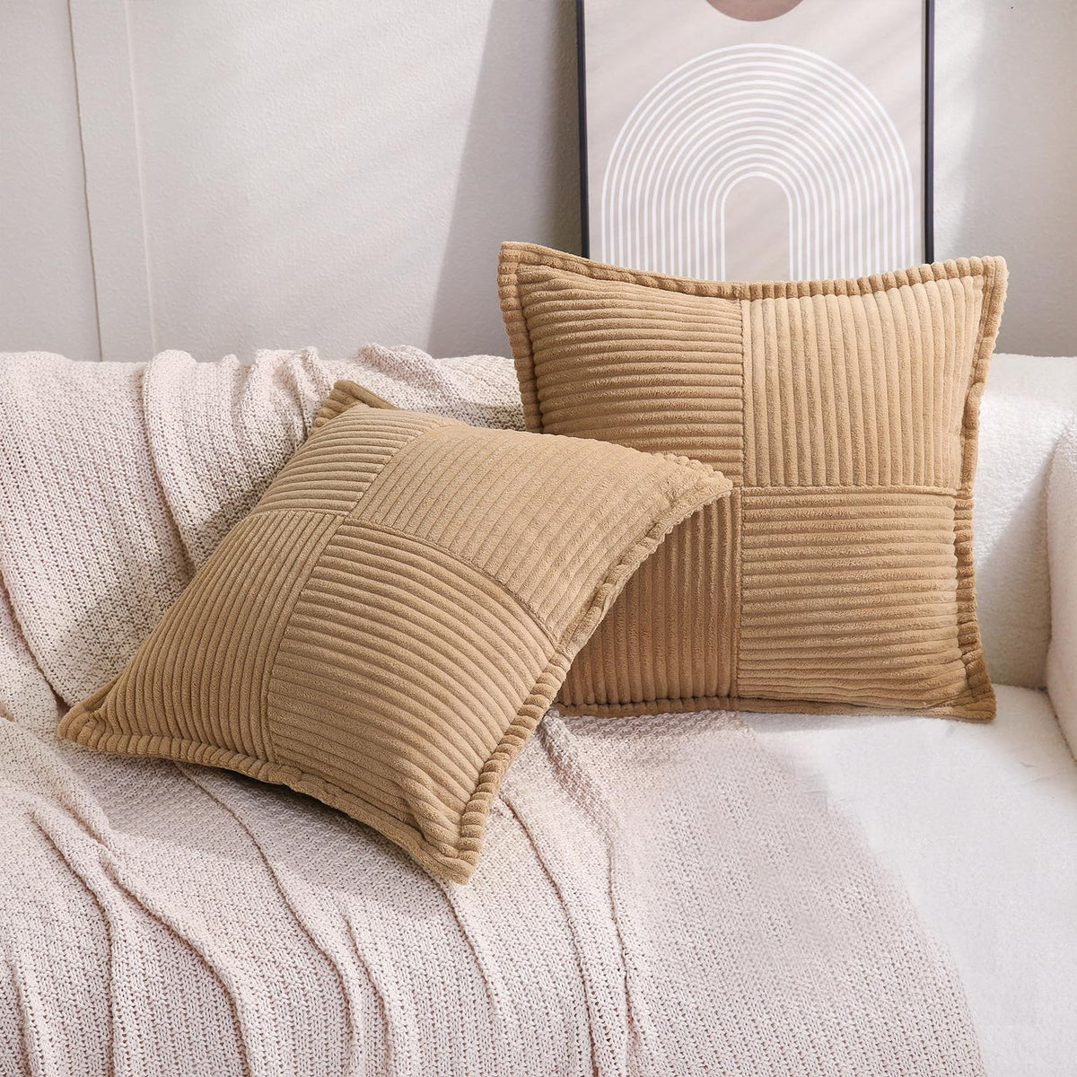 Puncuntex Corduroy Throw Pillow Covers Set Of 2 Boho Decorative Khaki 12?20 Inch,Super Soft Pillowcase Cozy Striped Texture Cush