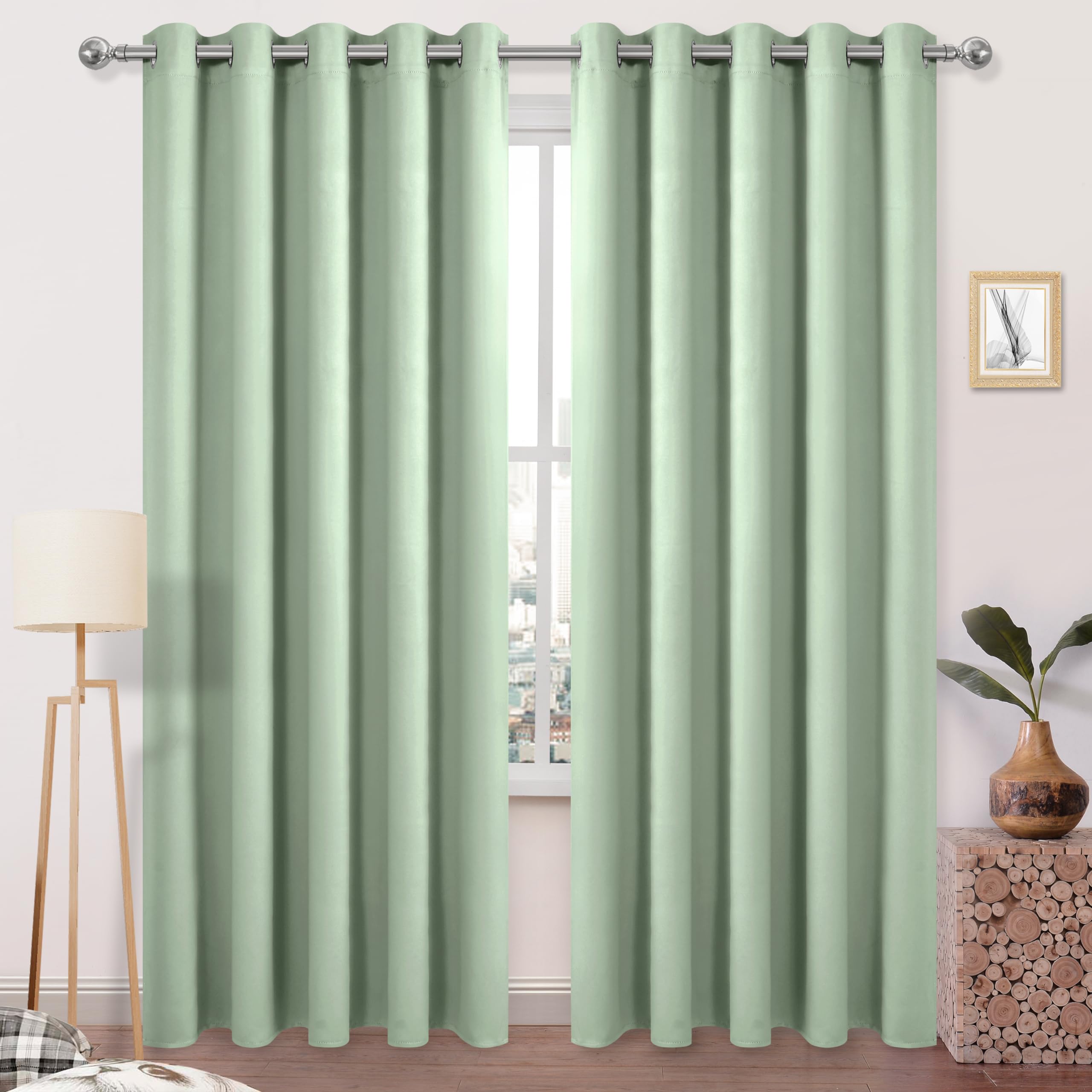 Dwcn Blackout Curtains 84 Inches Long, Extra Wide 60W Curatins, Solid Room Darkening Living Room Curtains, Light Green, W60 X L8