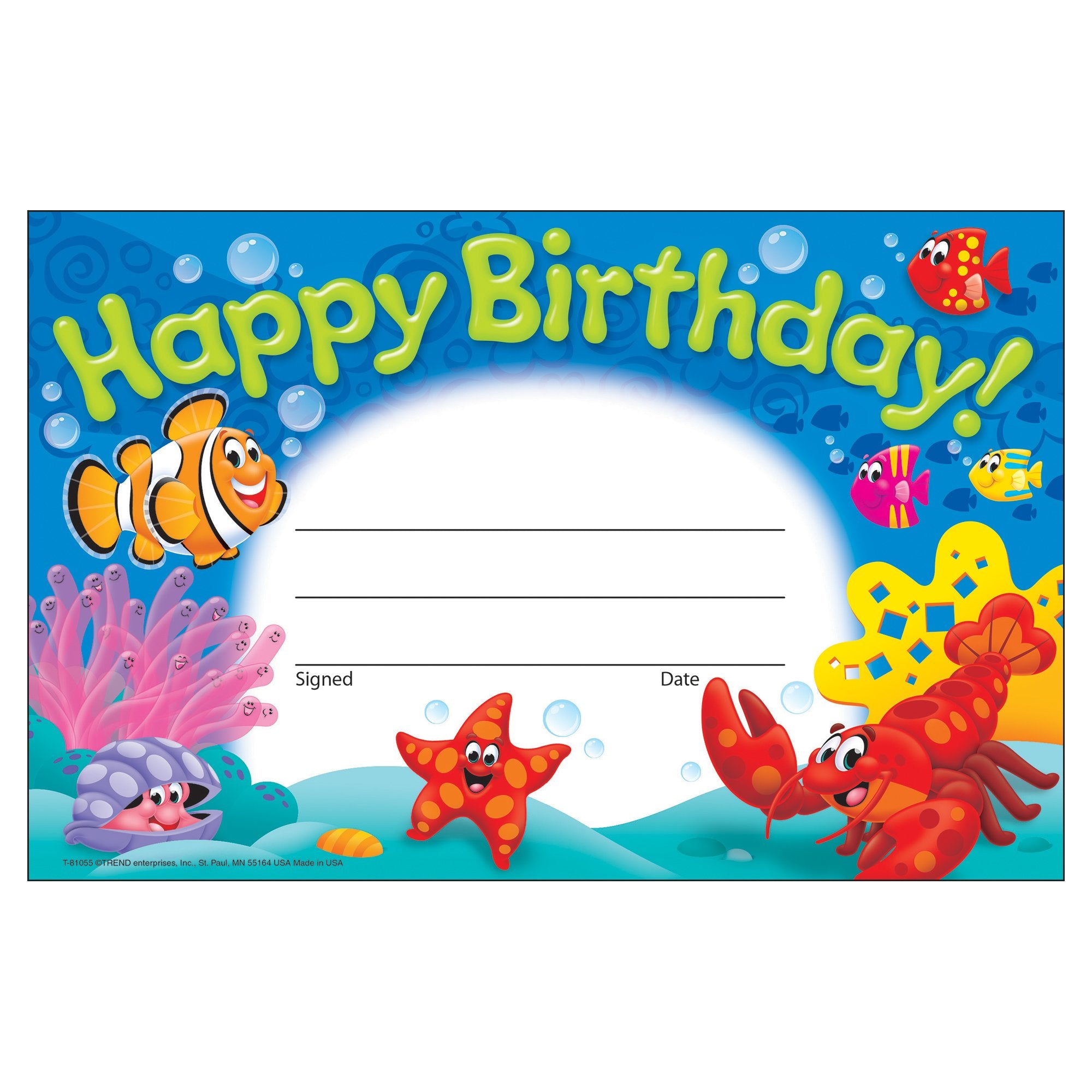 Trend Enterprises, Inc. Happy Birthday! Sea Buddies Recognition Awards, 30 Ct