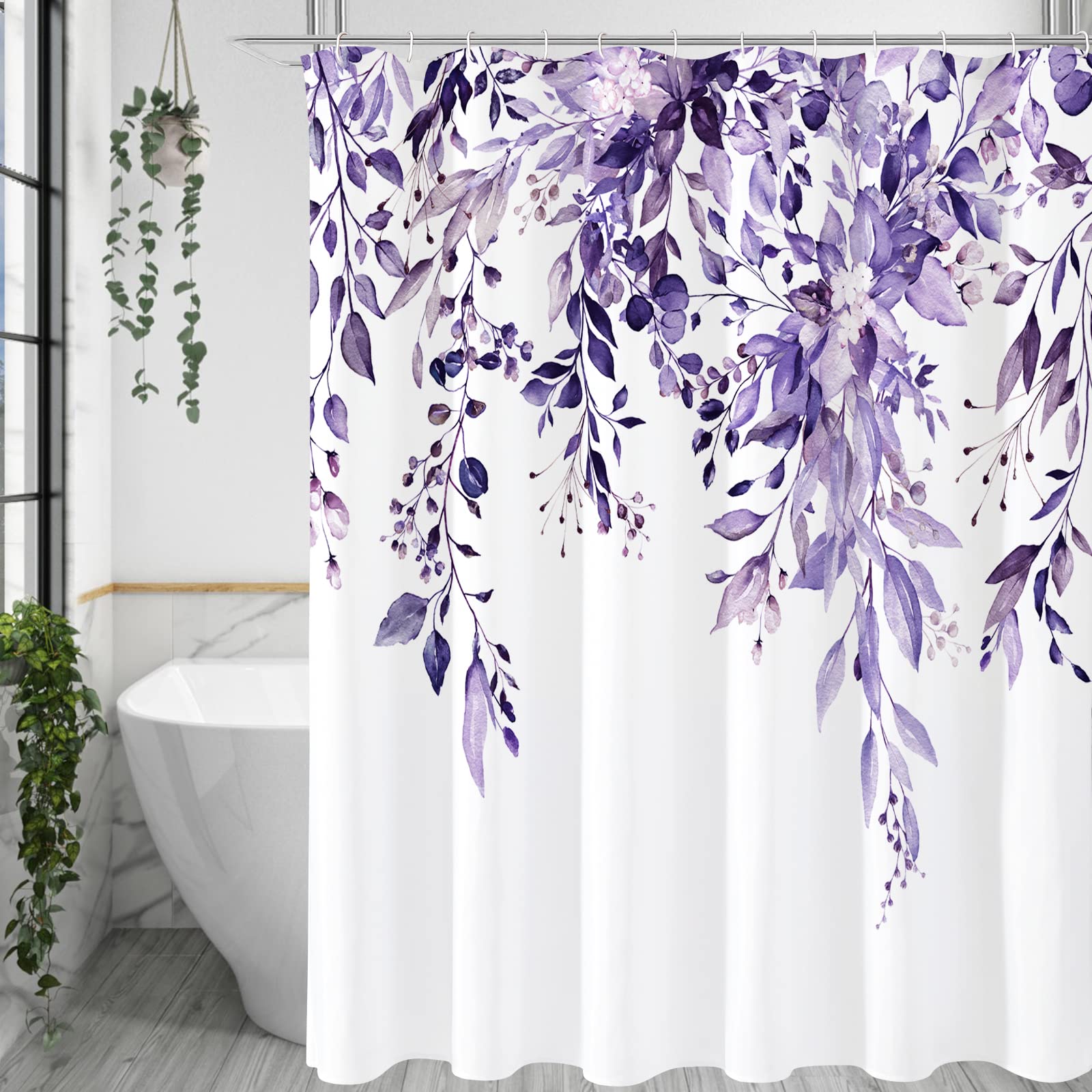 Gibelle Extra Long Shower Curtain 72 x 84, Purple Floral Shower Curtain for Bathroom, Watercolor Plant Eucalyptus Leaves Fabric 