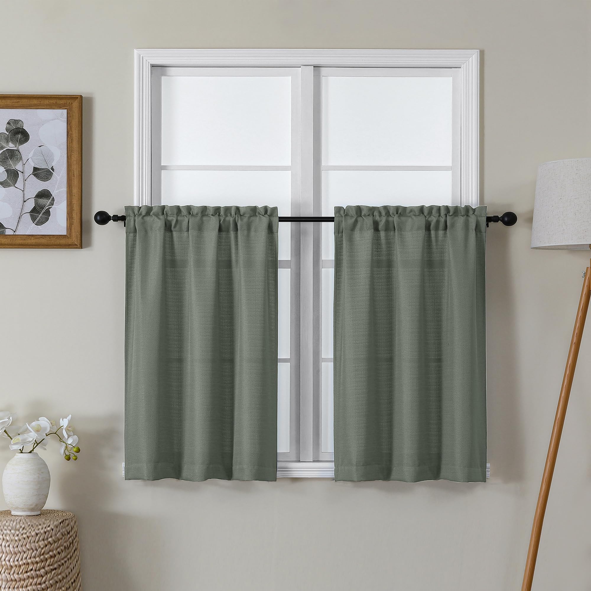 Lecloud Bessie Olive Green Kitchen Curtains 30 Inch Length 2 Pcs, Light Filtering Cafe Short Curtain Tiers, Dual Rod Pocket Wind