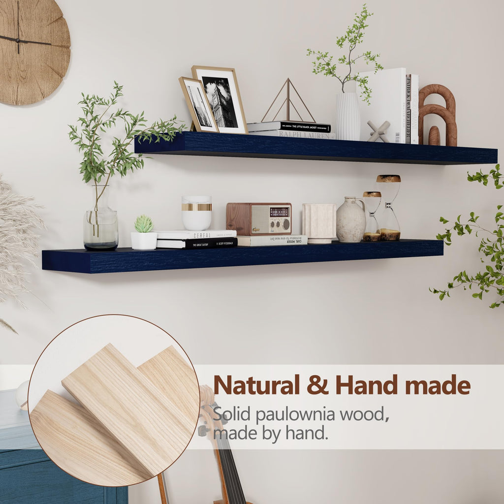 fuqing Dark Blue Floating Shelves 48 Inch, Solid Paulownia Wood Wall Shelves Set of 2, Rustic Decor & Storage for Living Room Bedroom Bathroom