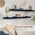 fuqing Dark Blue Floating Shelves 48 Inch, Solid Paulownia Wood Wall Shelves Set of 2, Rustic Decor & Storage for Living Room Bedroom Bathroom