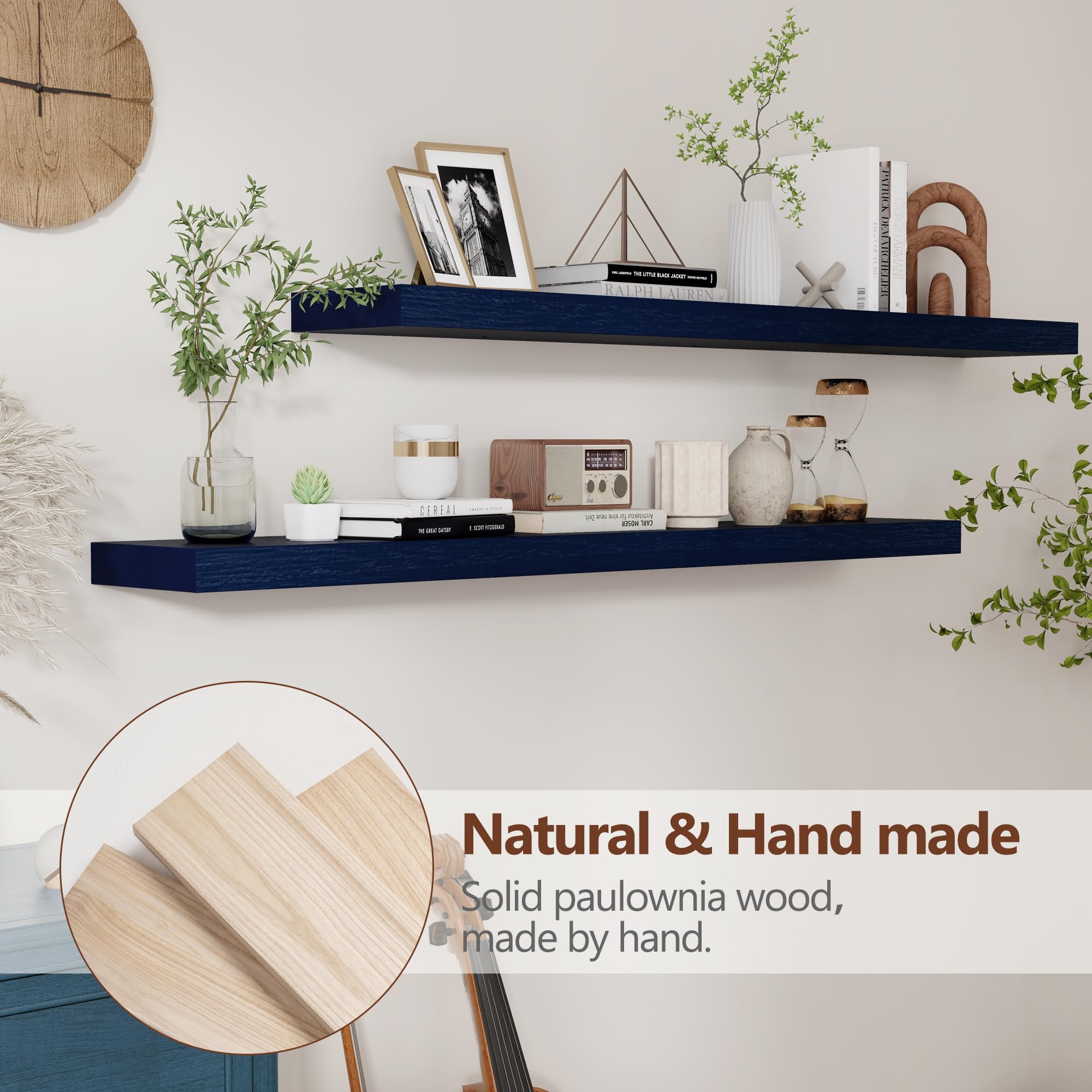 fuqing Dark Blue Floating Shelves 48 Inch, Solid Paulownia Wood Wall Shelves Set of 2, Rustic Decor & Storage for Living Room Bedroom Bathroom