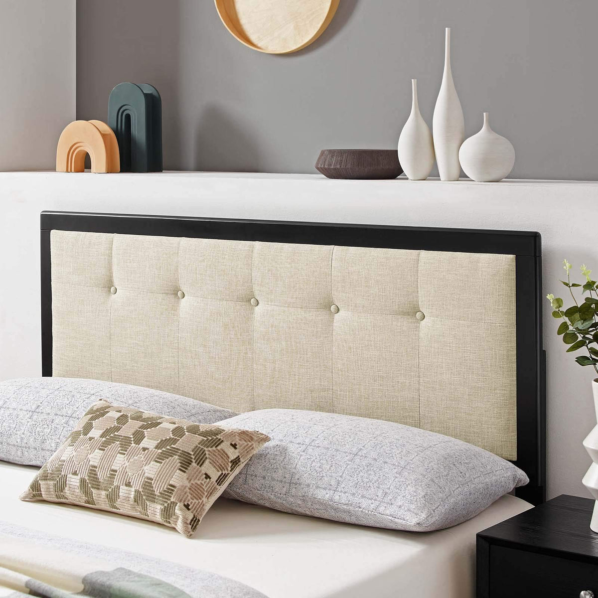 Modway Draper Tufted Queen Fabric And Wood Headboard In Black Beige