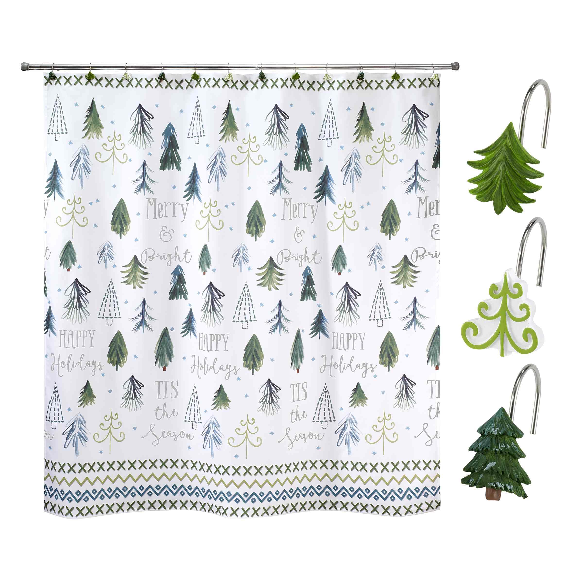 Avanti Linens - Shower Set, Fabric Shower Curtain & 12pc Hooks, Christmas Decorations (Christmas Trees Collection)