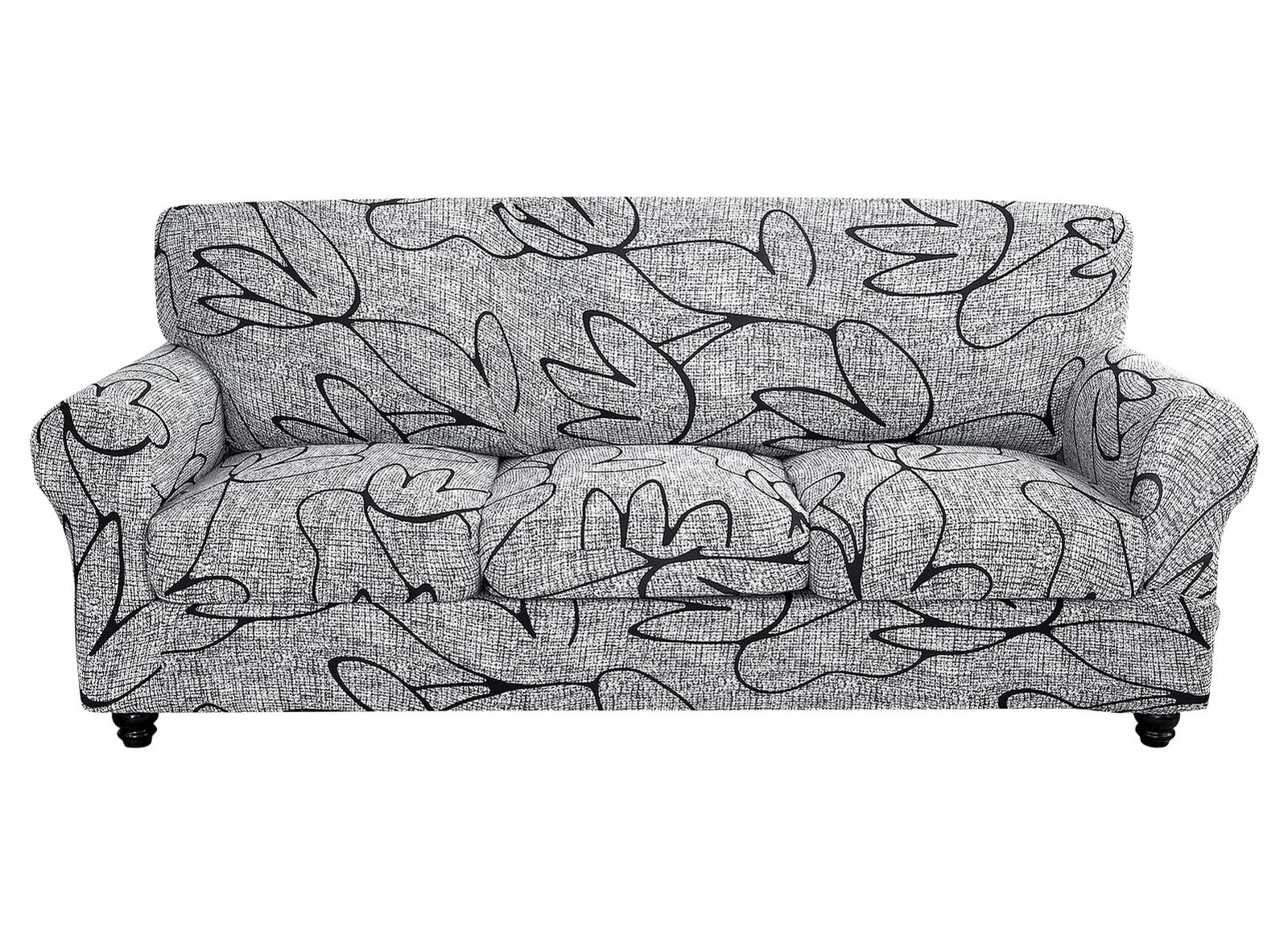 Searchi Stretch Sofa Cover Printed Couch Cover, Floral Pattern 4 Pieces Sofa Slipcover With 3 Separate Cushion Cover, Washable Furniture Protector For Living Room(Sofa, Grey Lotus+White)