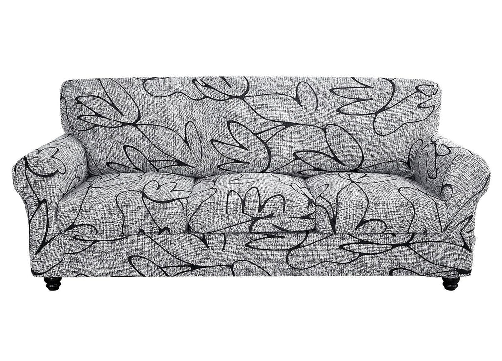 Searchi Stretch Sofa Cover Printed Couch Cover, Floral Pattern 4 Pieces Sofa Slipcover With 3 Separate Cushion Cover, Washable Furniture Protector For Living Room(Sofa, Grey Lotus+White)