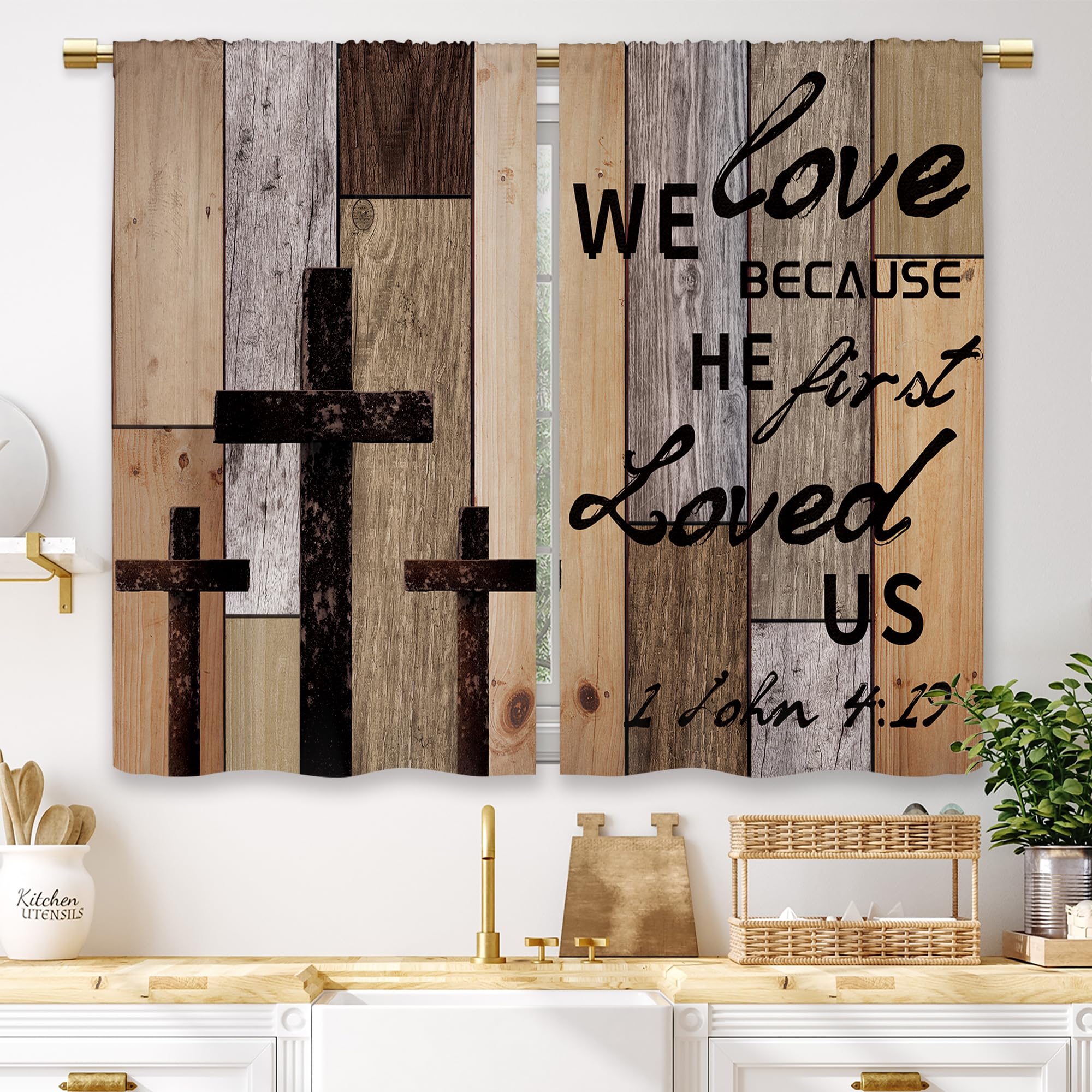 Laifzere Farmhouse Brown Wooden Kitchen Curtains Rustic Country Barn Quotes Small Short Cafe Window Curtains Inspirational Jesus