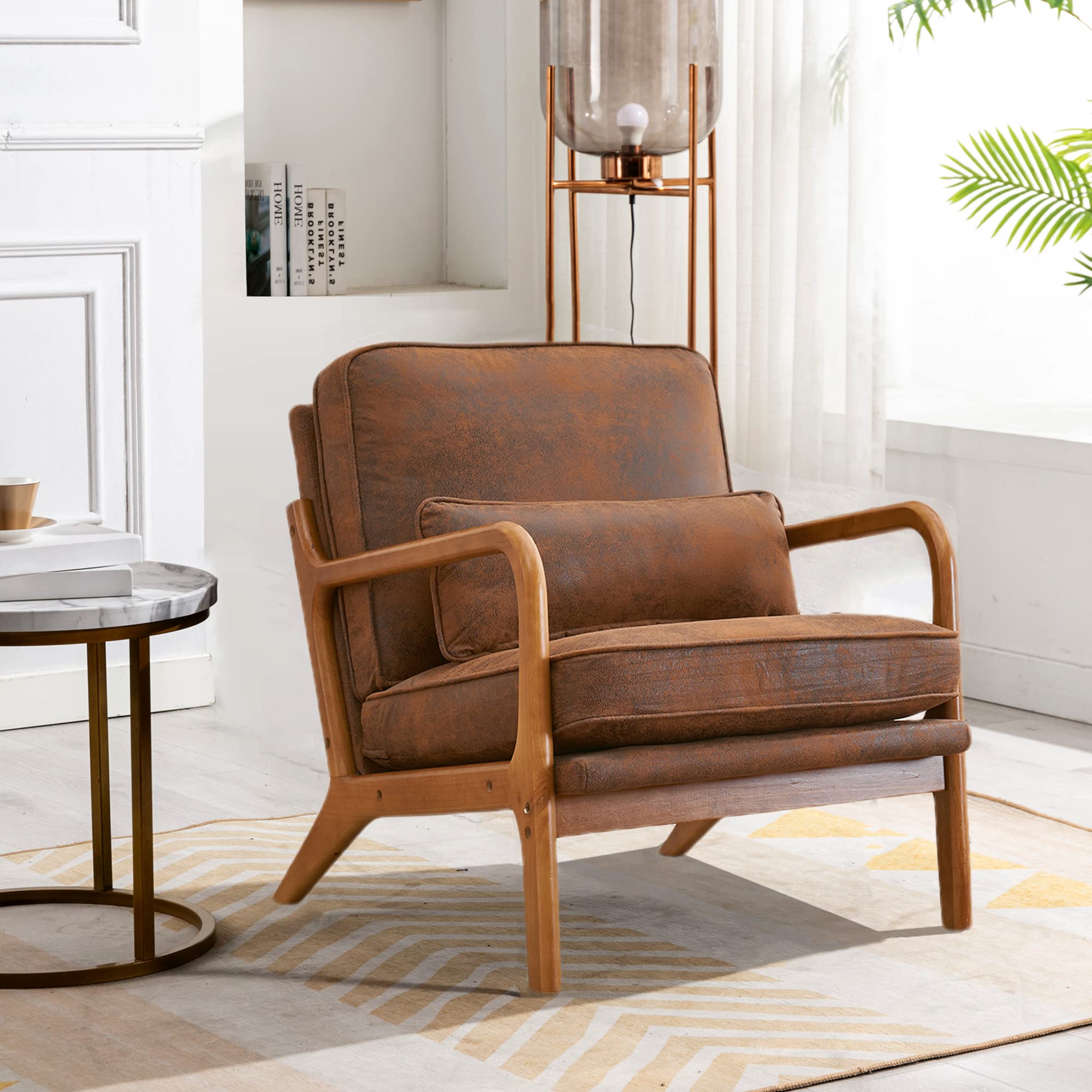 Joybase Lounge Accent Chair, Mid Century Modern Chair, Arm Chair, Wood Frame Armchair For Living Room, Bedroom (Coffee Brown, Br