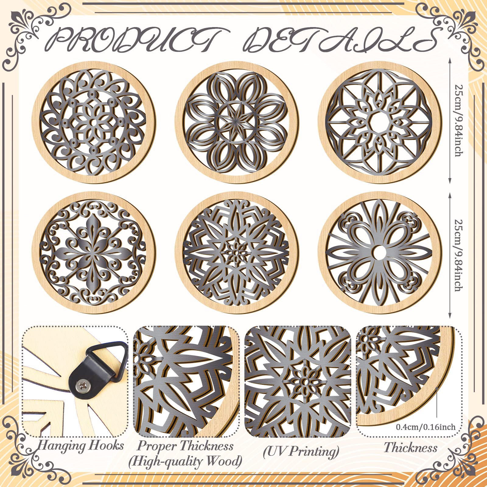 Ferraycle 6 Pieces Thicken Rustic Wall Decor Farmhouse Wall Art Decor Wooden Round Wall Art Rustic Hollow Carved Wall Art For Li