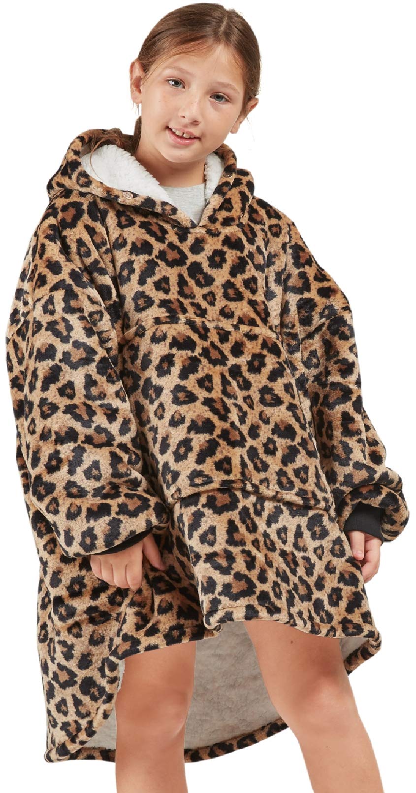 Degrees Of Comfort Wearable Blanket Hoodie For Kids, Fuzzy Sherpa Hooded Blankets Sweatshirt With Pockets, Leopard, One Size Fit