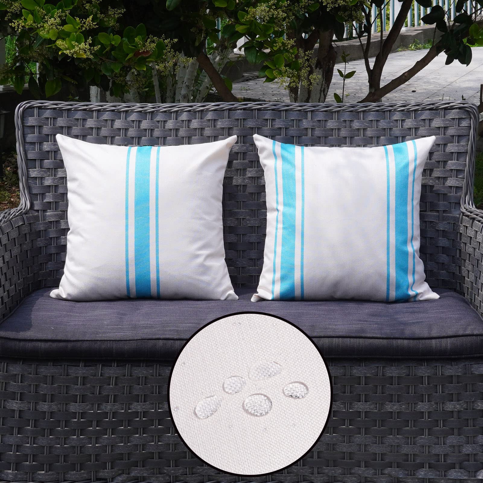 Onway Outdoor Pillow Covers Waterproof 18X18 Set Of 2 Decorative Linen Throw Pillow Cover Beige And Blue Striped Outdoor Pillows