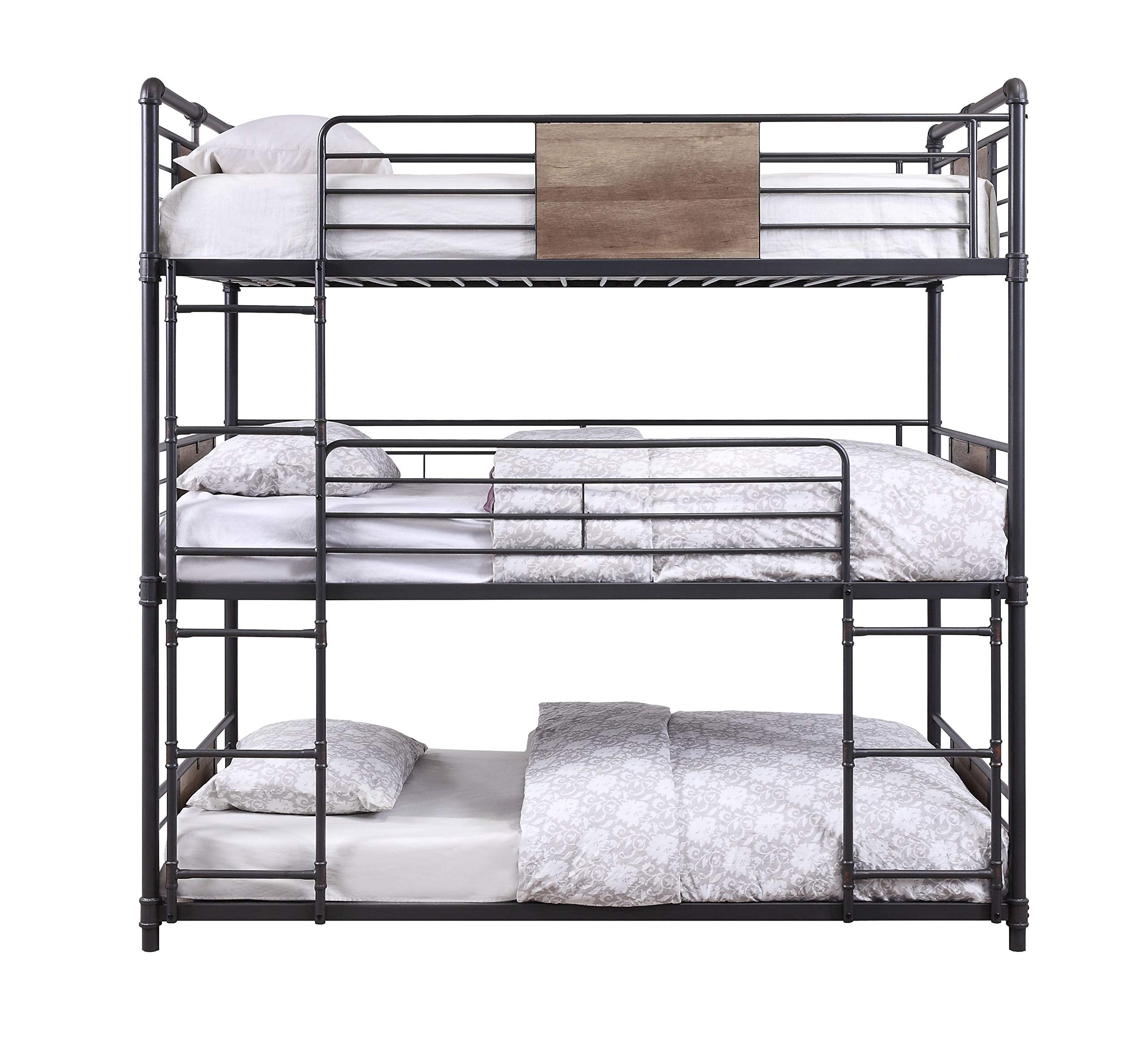 HomeRoots Metal, Wood 79' X 43' X 79' Metal and Wood Triple Bunk Bed - Twin, Sandy Black & Dark Bronze Hand-Brushed