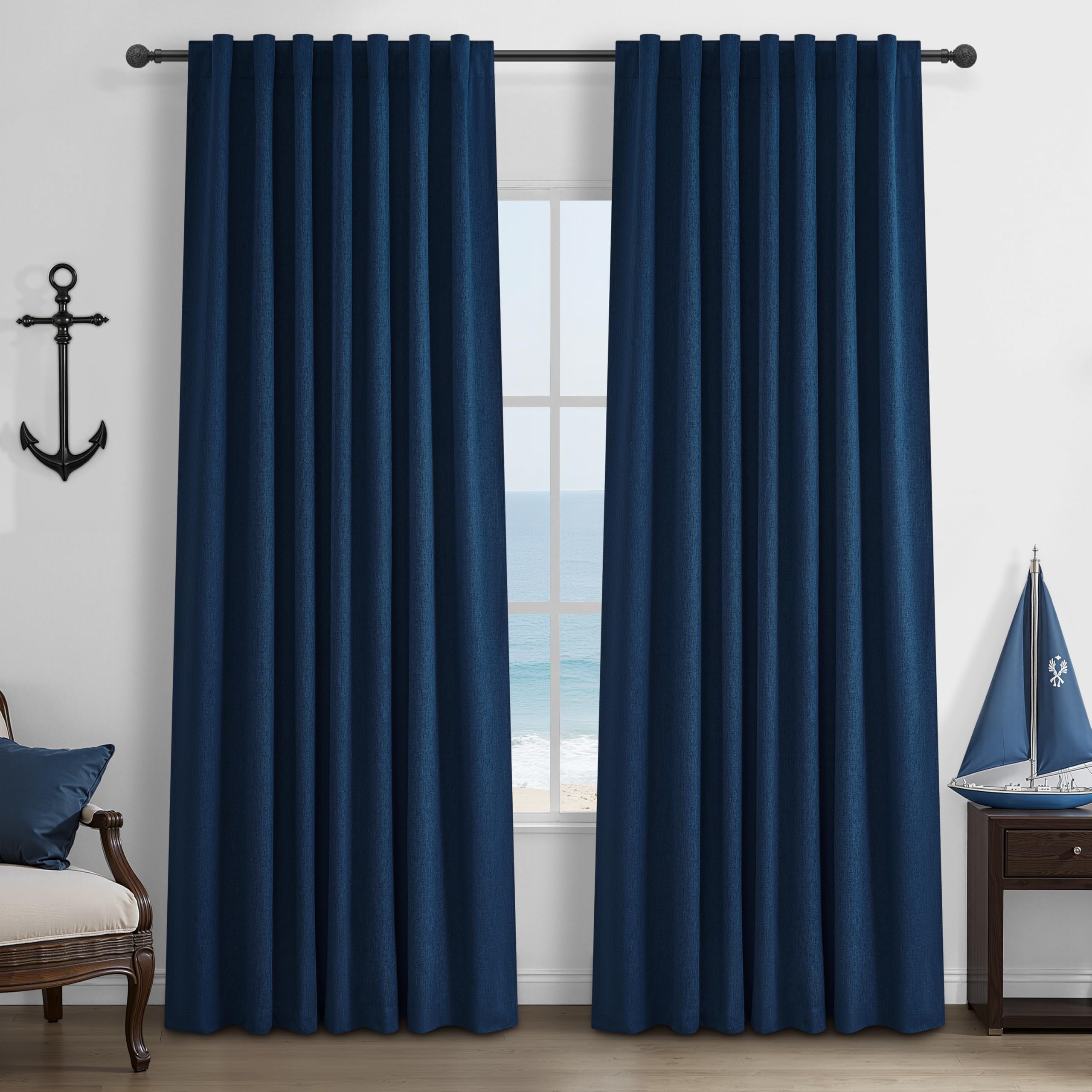 Navy Blue Blackout Curtains 86 Inch Length for Kids/Boys Rooms/Bedroom, Floor to Ceiling Track Pleated Drapes with Hooks Linen T