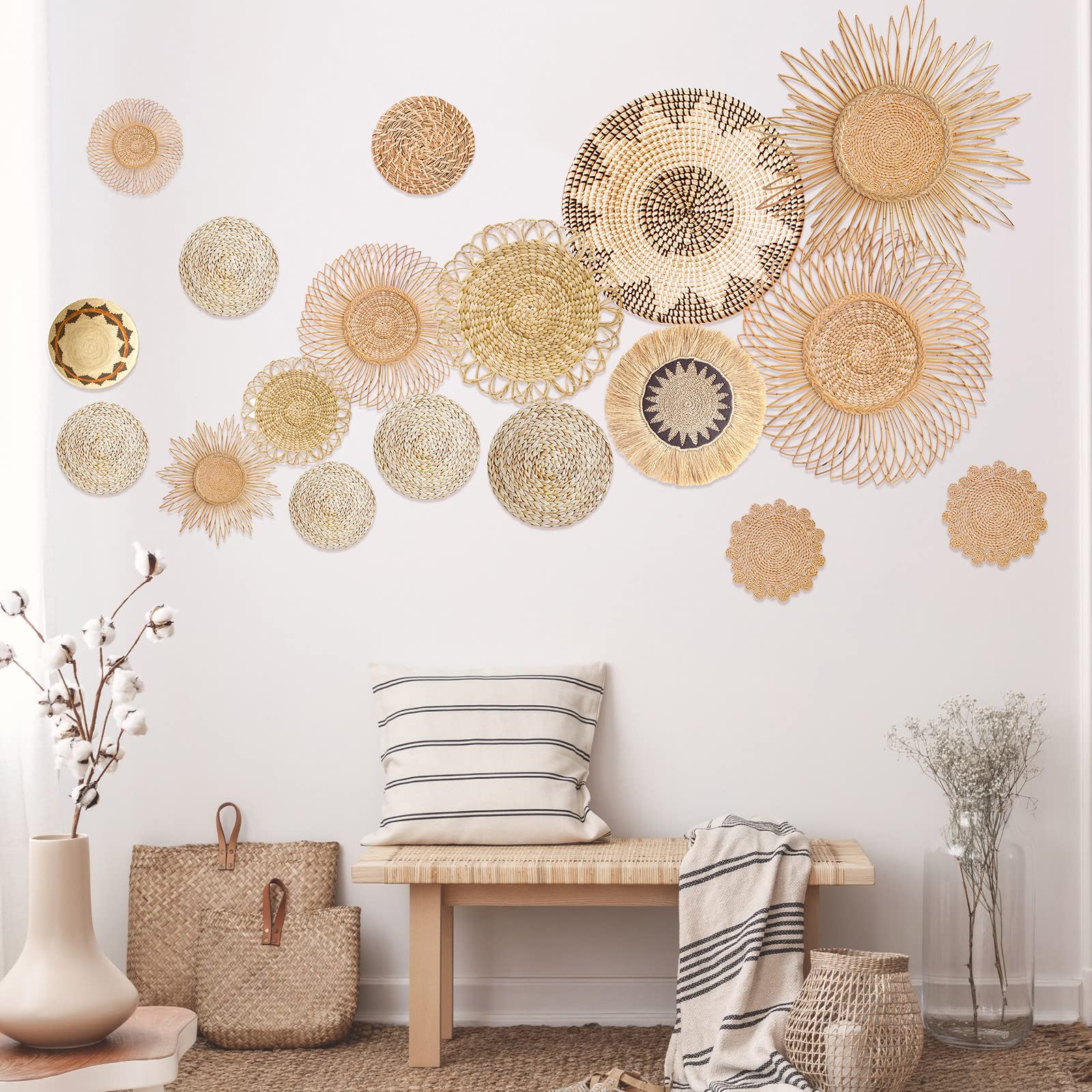 18Pcs Boho Basket Wall Decals Round Wall Sticker Modern Boho Wall Decor Peel and Stick Wall Decor Sticker Removable Boho Wall St