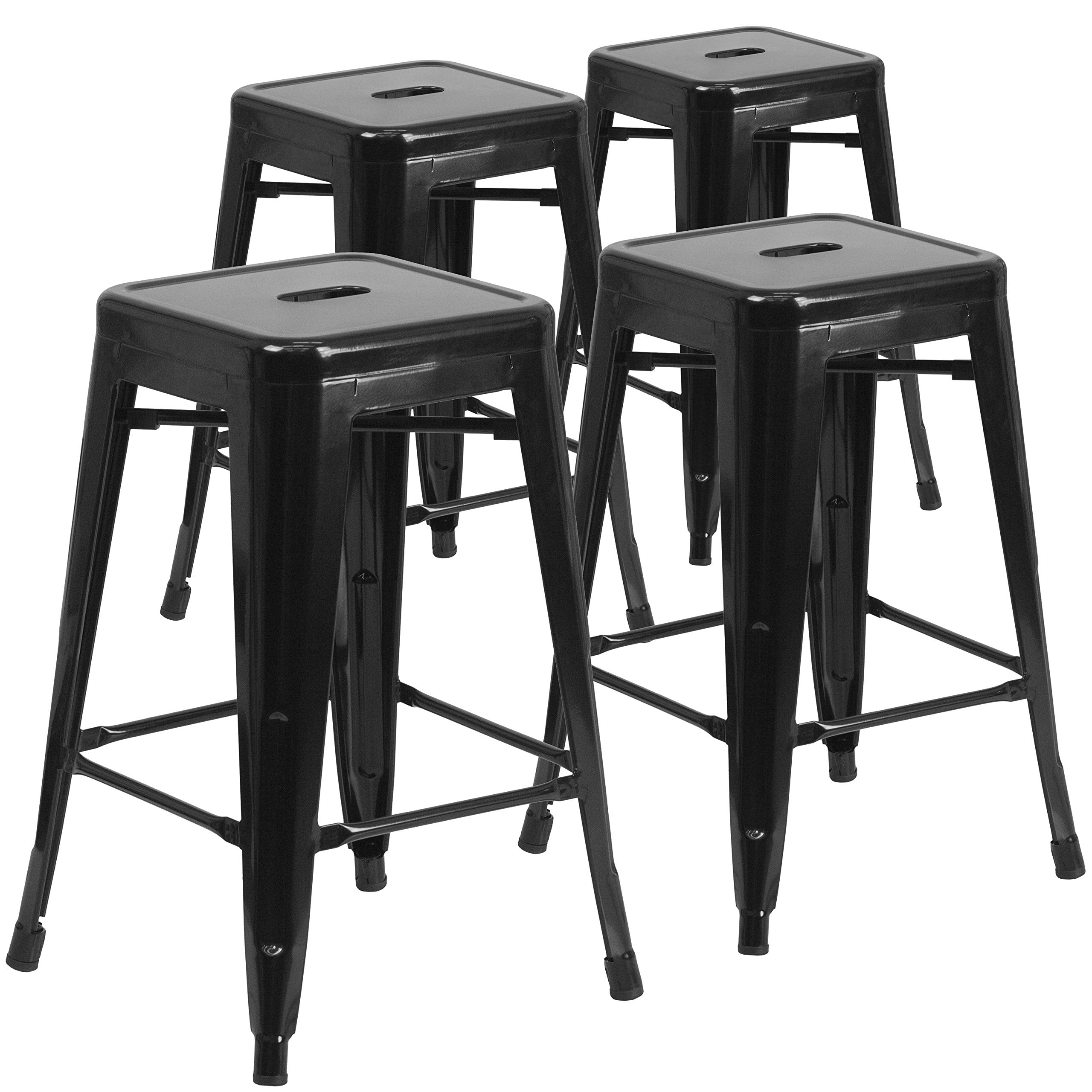 Flash Furniture Lily 4 Pack Commercial Grade 24 High Backless Black Metal Indoor-Outdoor Counter Height Stool with Square Seat