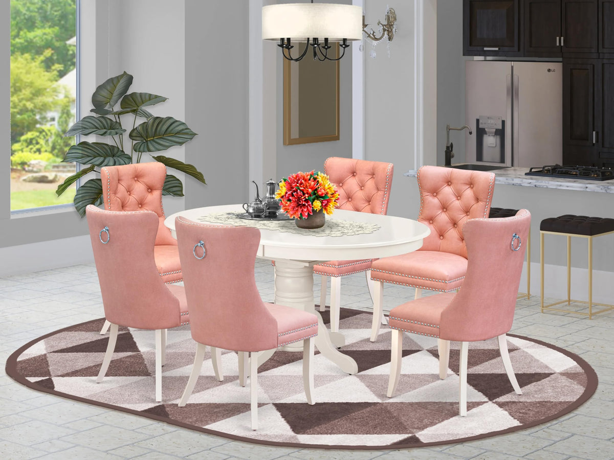 East West Furniture Avda7-Lwh-23 7 Piece Dining Set Consists Of An Oval Dining Table With Butterfly Leaf And 6 Upholstered Chairs, Linen White