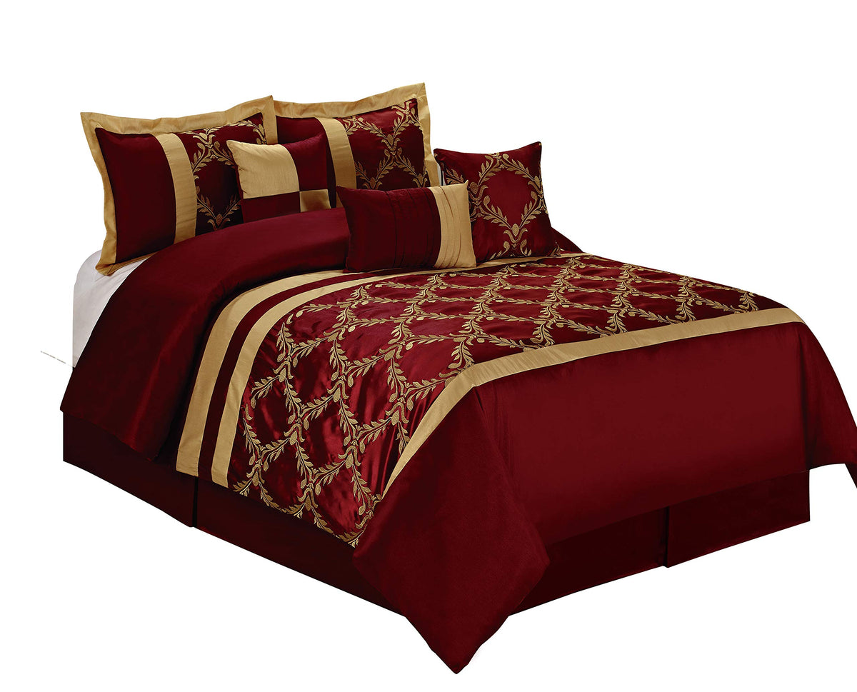 Hig 7 Piece Comforter Set Queen - Burgundy And Gold Faux Silk Fabric Embroidered - Claremont Bed In A Bag - Breathable And Wrink