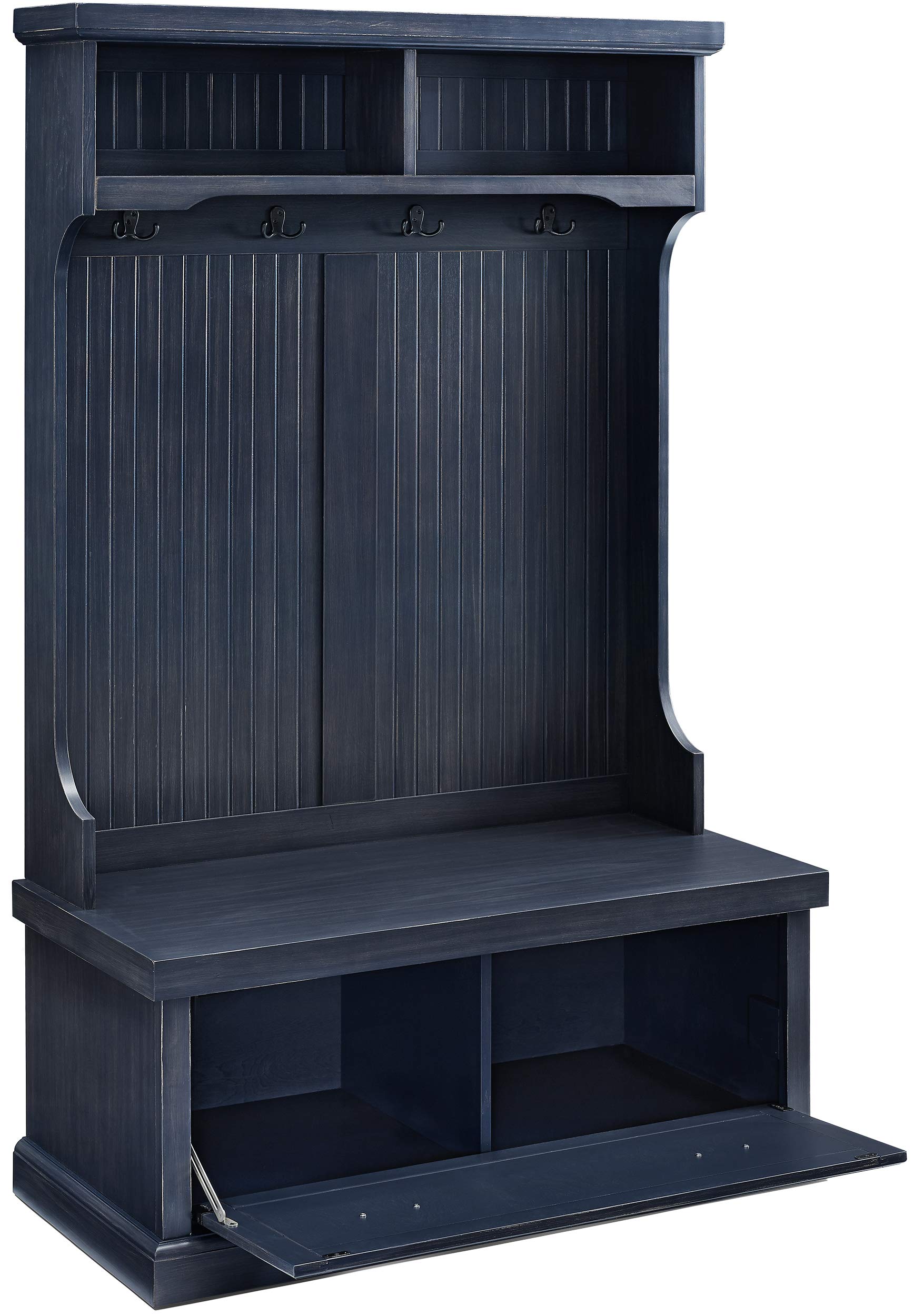 Crosley Furniture Seaside Hall Tree with Shoe Rack Bench and Coat Hooks for Hanging Storage, Distressed Navy