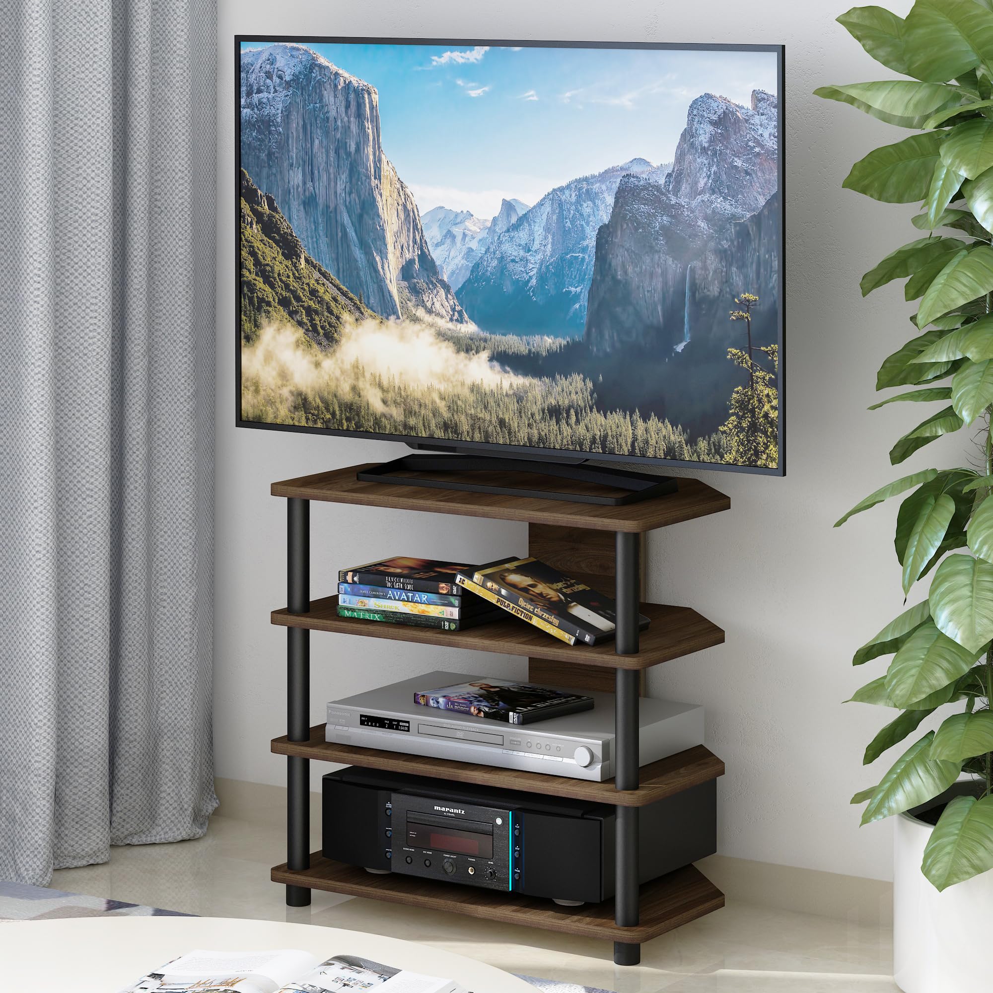 Furinno Turn-N-Tube Easy Assembly 4-Tier Petite Entertainment Center / TV Stand / TV Unit / TV Desk, Columbia Walnut/Black