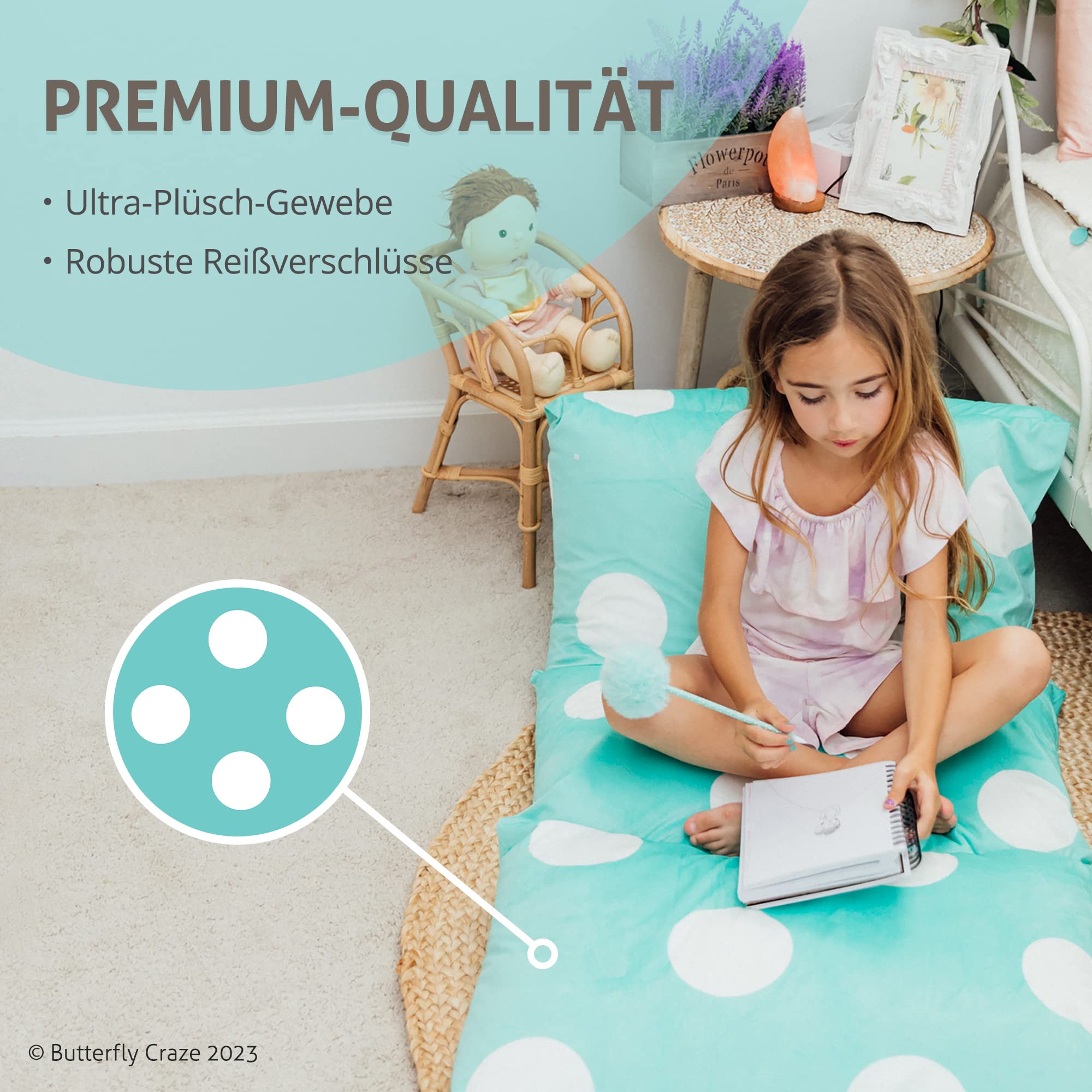 Butterfly Craze Floor Pillow Case, Mattress Bed Lounger Cover, Polka Aqua, Queen Size - Cozy Seating Solution For Kids & Adults,