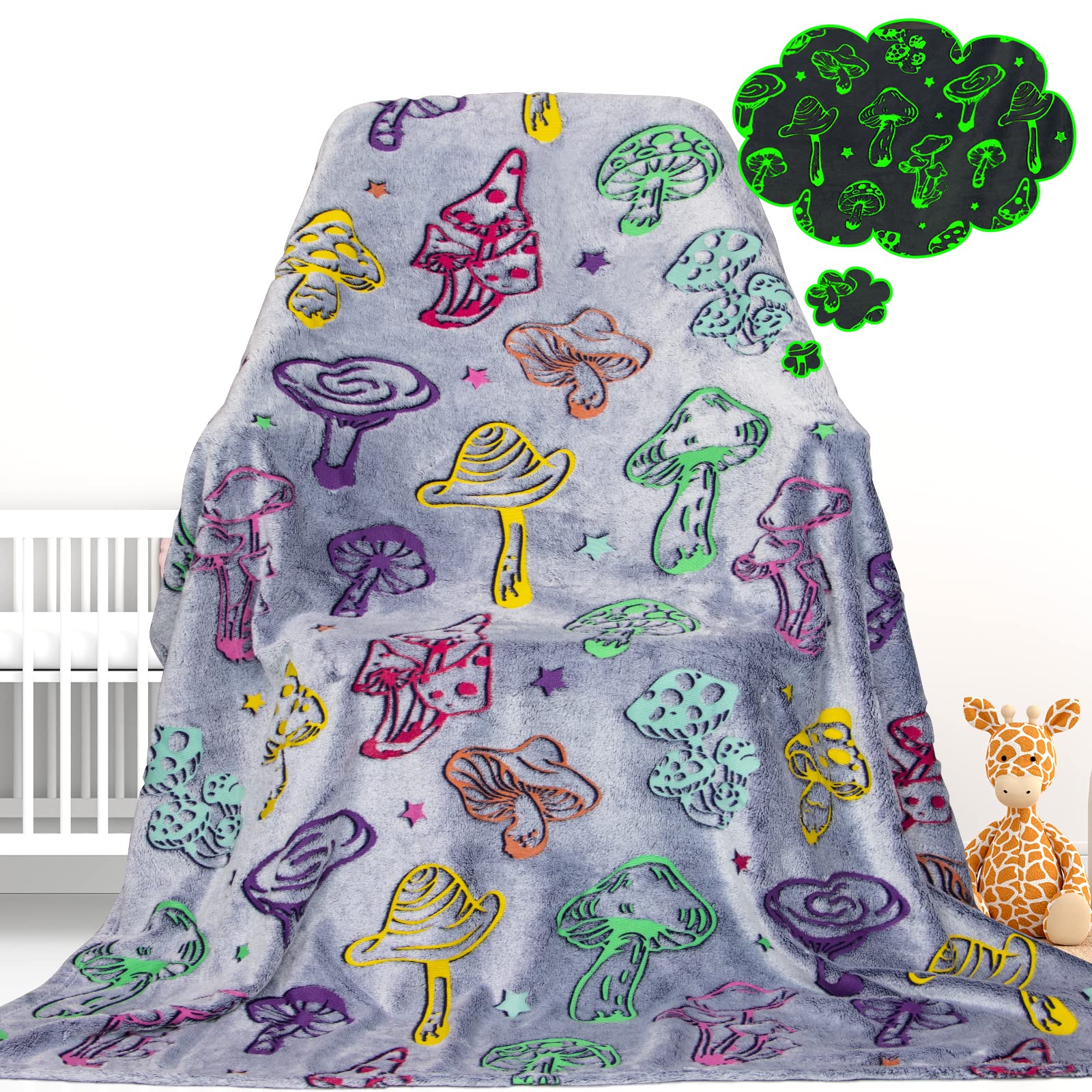 Gdindff Glow In The Dark Blanket Mushroom Blanket For Kids Adults Soft Flannel Throw Blankets Colorful Luminous Mushroom Blanket