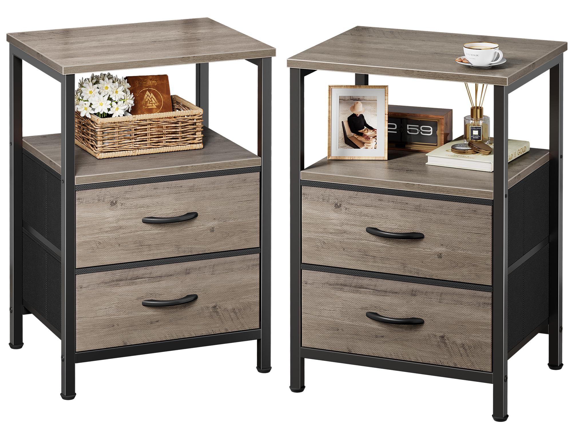 Huuger Night Stand Set of 2, Nightstand with 2 Drawers, Bed Side Table with Open Shelf, Wooden Top, End Table, Fabric Drawer wit