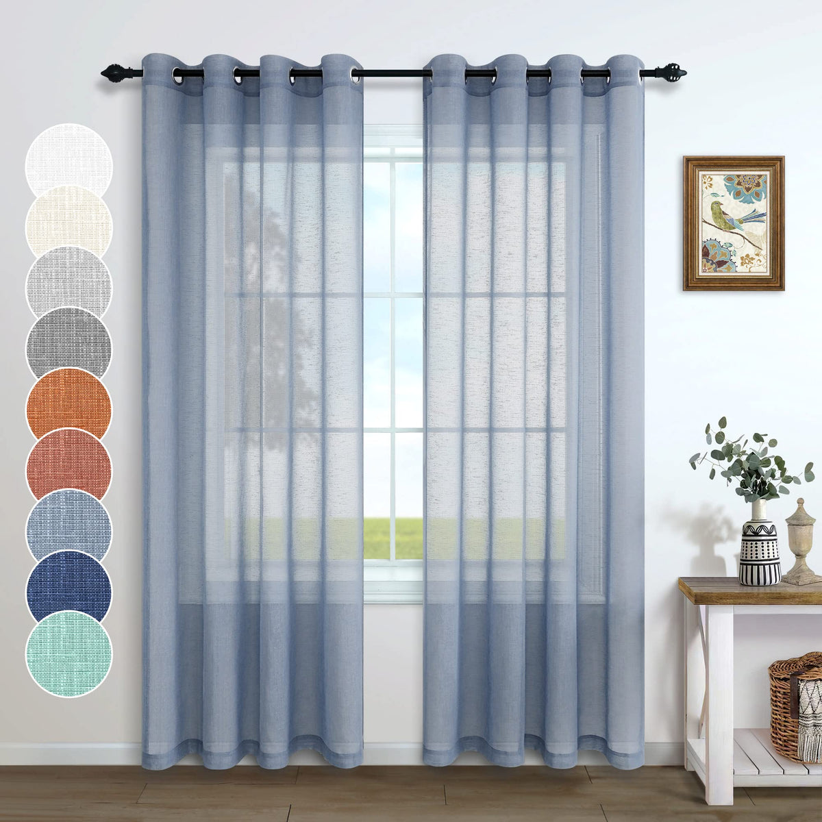 Pitalk Dusty Blue Semi Sheer Curtains 90 Inches Long for Living Room Set 2 Panels Rod Pocket Window Coverings Faux Linen Drapes 