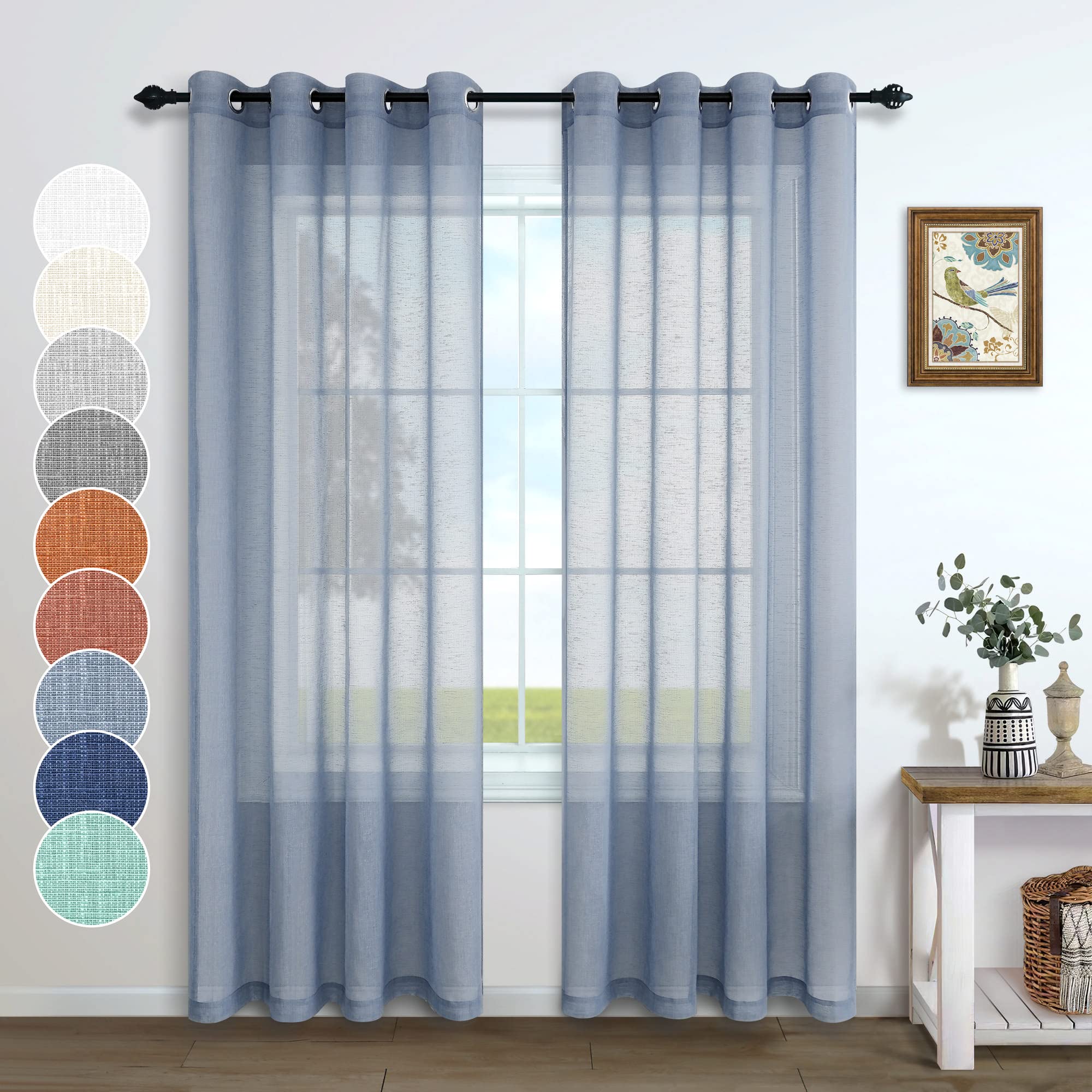 Pitalk Dusty Blue Window Curtains102 Inches Long 2 Panels Set Rod Pocket Woven Textured Linen Look Voile Sheer Drape For Living