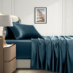 Homiest 4Pcs Extra Deep Pocket Satin Sheets Queen Size Bed Set, 18-24 Inch Deep Pocket Bed Sheets Deep Sea Blue Satin Sheet Set, Silky Satin Bedding Set Soft Fitted Sheet Set Fits Ultra Deep Mattress