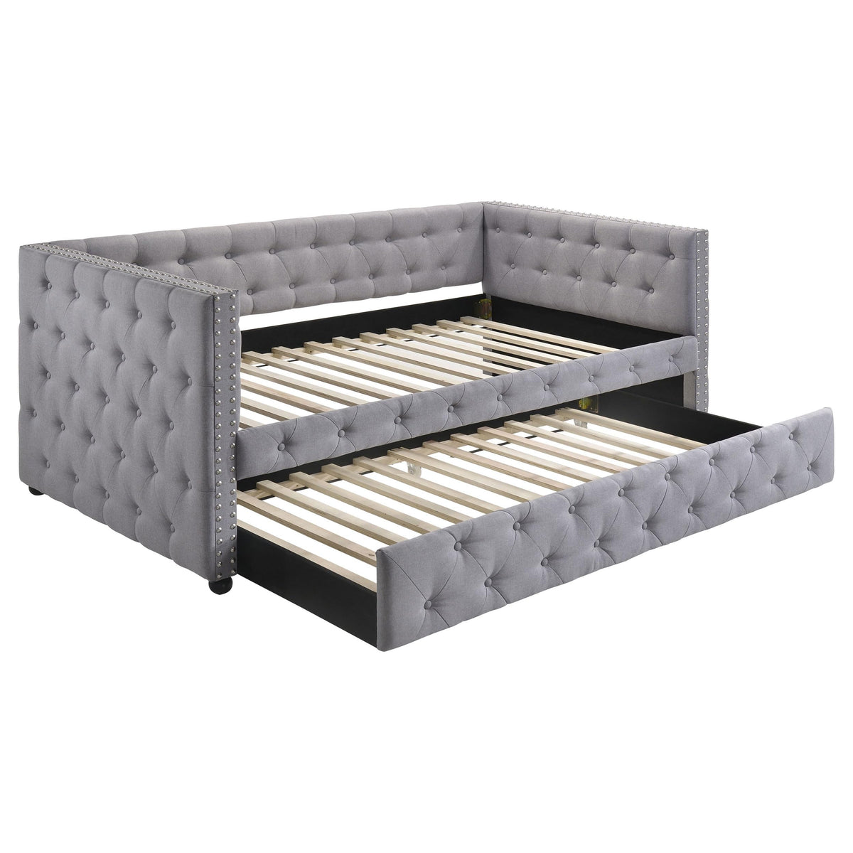 Coaster Home Furnishings Mockern Modern Classic Fabric Upholstered Twin Size Button Tufted Daybed with Trundle Bed for Guestroom 34-inch Headboard Bedroom Lounger Grey 302161