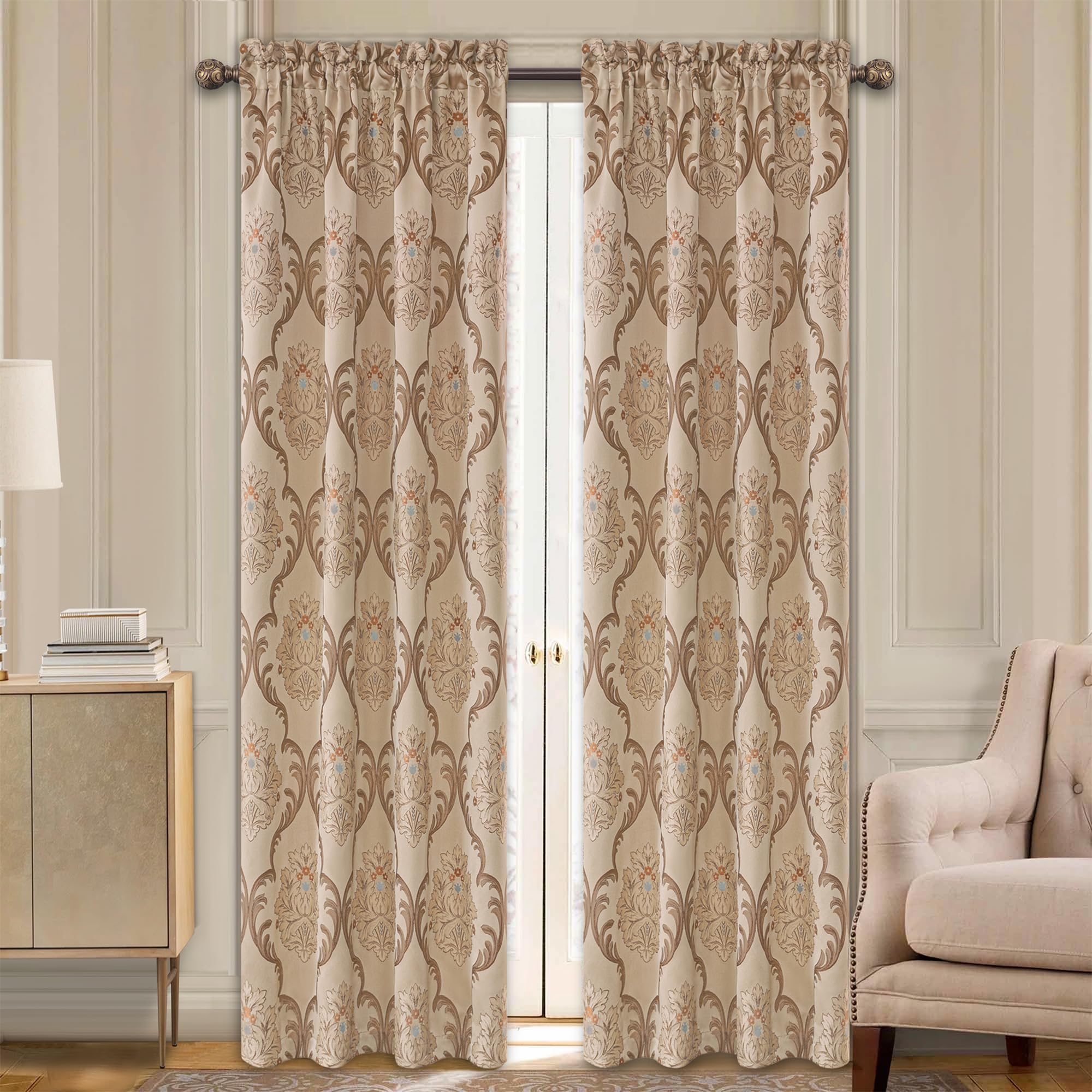 Loom And Mill Luxury Jacquard Damask Curtains For Bedroom Living Room, Light Khaki Floral Lined Curtains 2 Panels With Tiebacks,