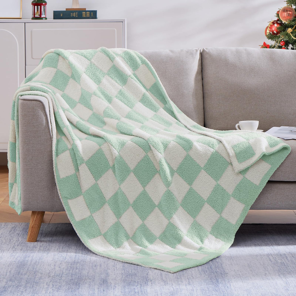 Wrensonge Checkered Throw Blanket, Light Turquoise Microfiber Soft Cozy Fluffy Warm Hand Made Throw Blankets For Couch, Sofa, Ch
