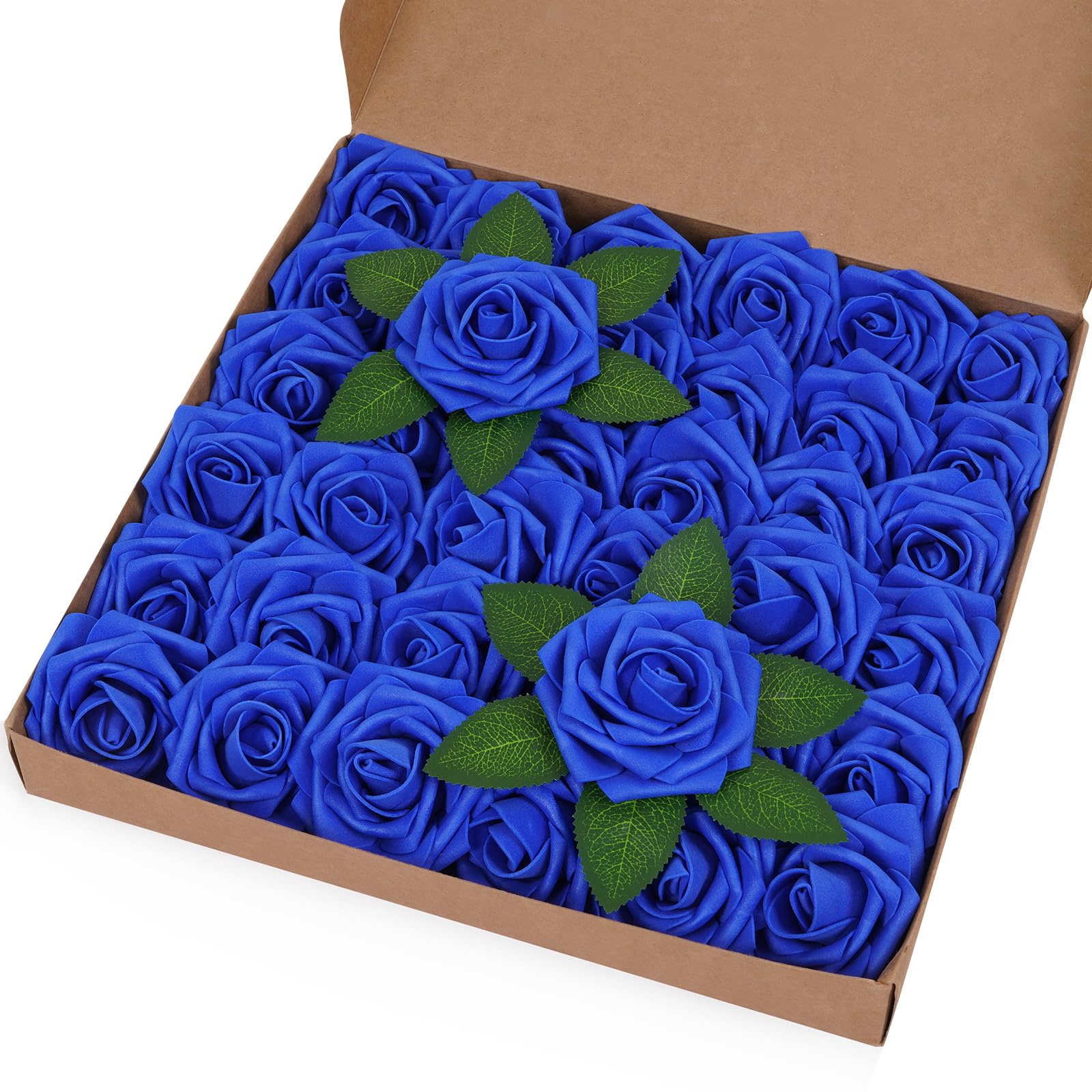 BLEUM CADE 36Pcs Artificial Flowers Fake Roses with Stems, Royal Blue Boxed Foam Roses for DIY Bouquets Centerpieces Wedding Par