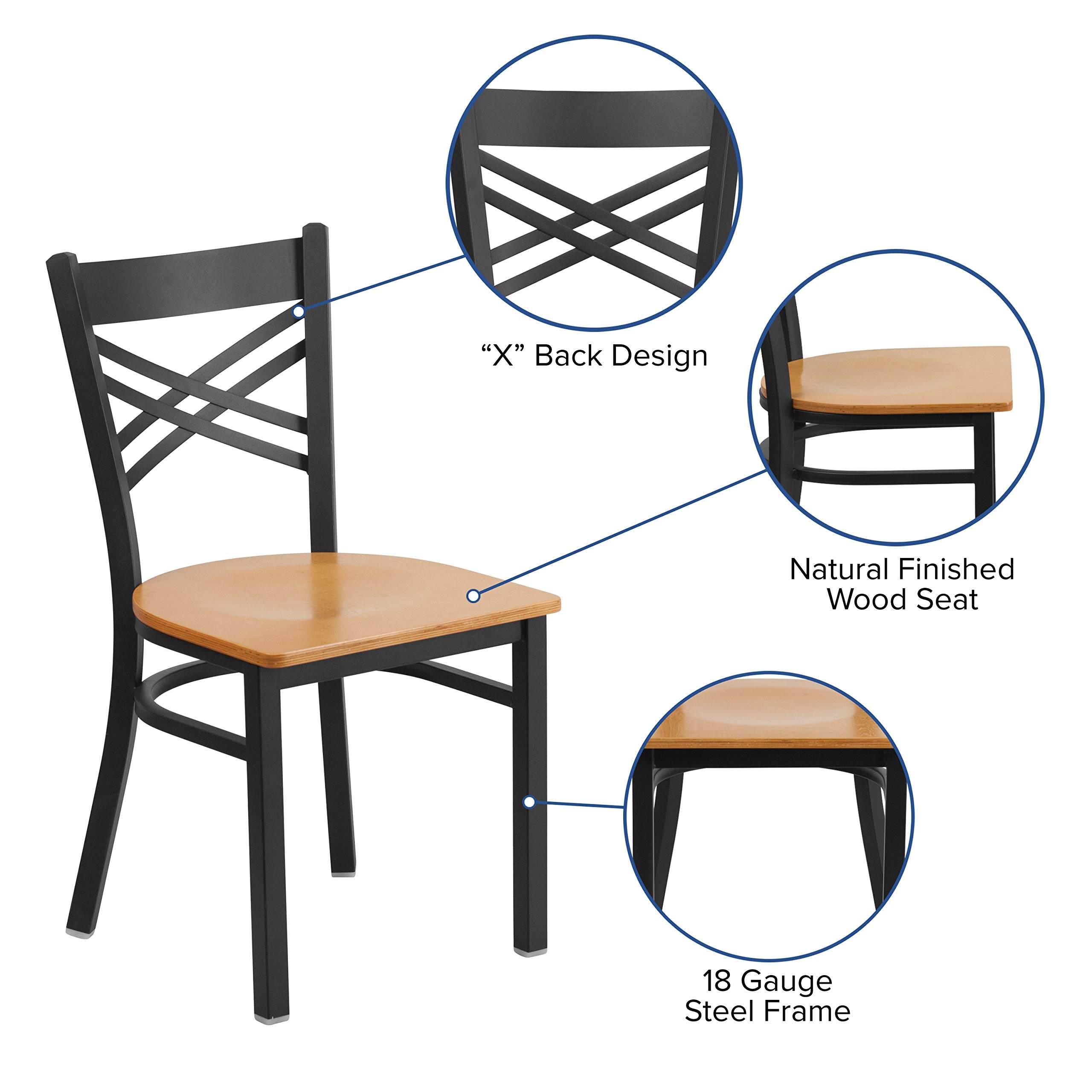 Flash Furniture HERCULES Series Black ''X'' Back Metal Restaurant Chair - Natural Wood Seat