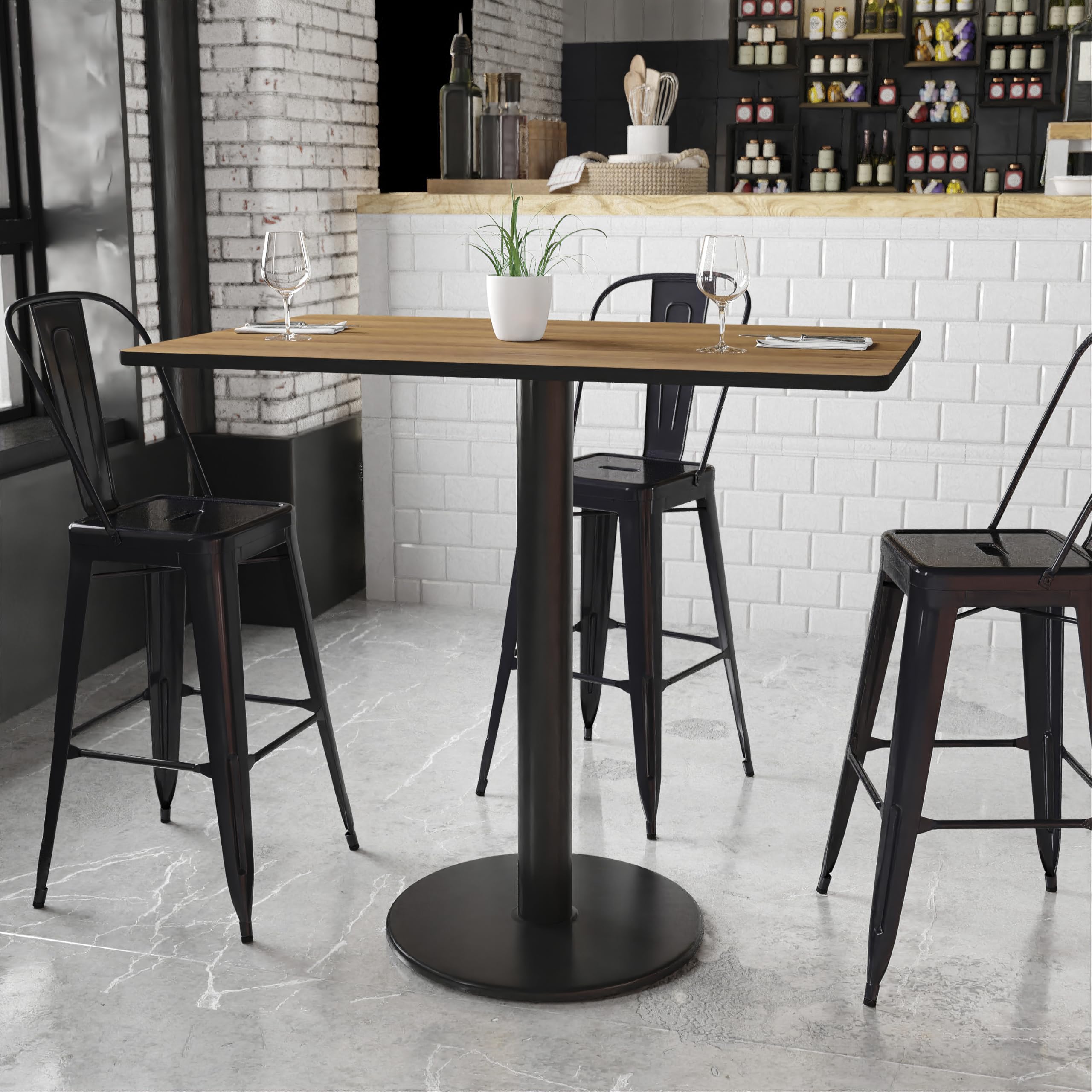 Flash Furniture 30'' x 48'' Rectangular Walnut Laminate Table Top with 24'' Round Bar Height Table Base