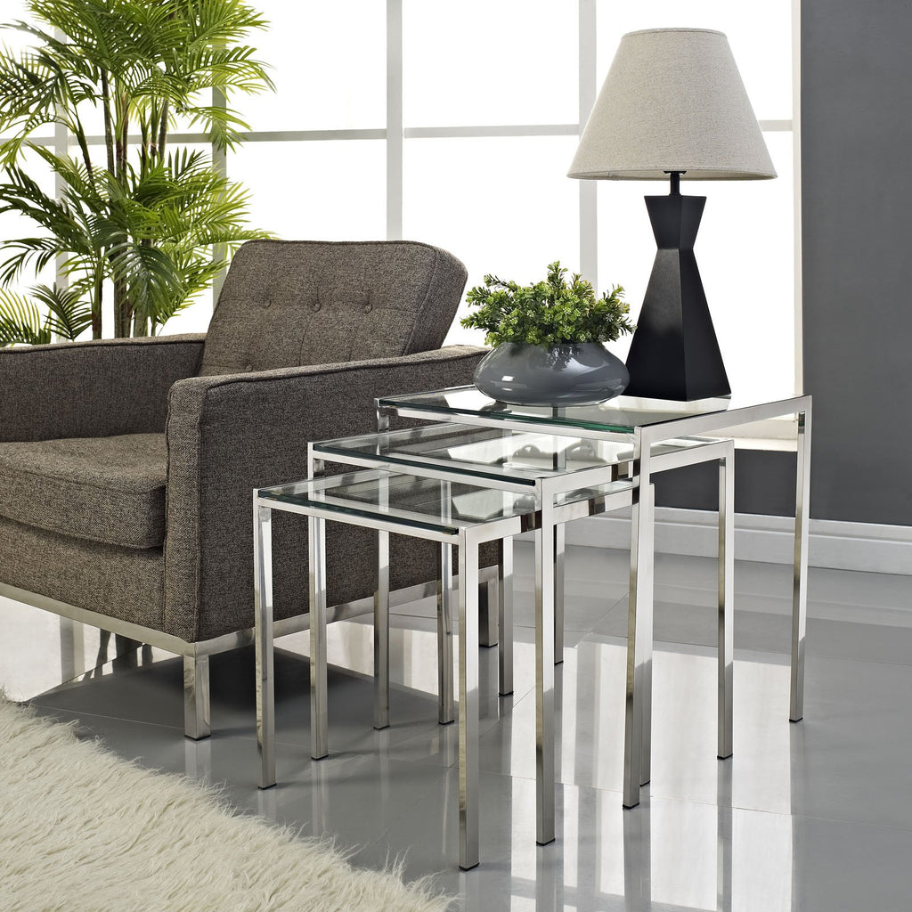 Modway Nimble Glass And Stainless Steel 3-Piece Side Nesting Table Set In Silver