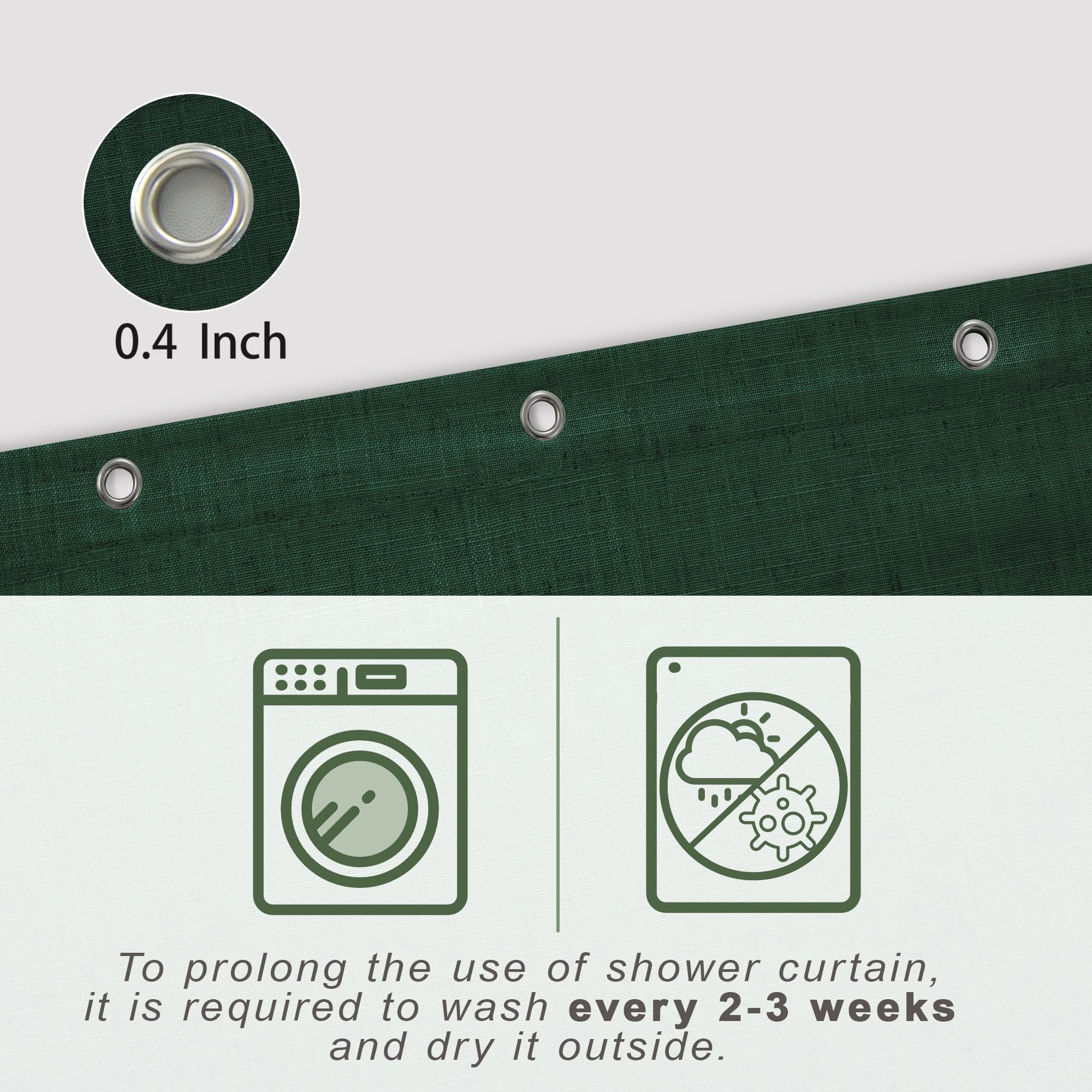 Koufall Dark Green Shower Curtain For Bathroom,Fabric Linen Washable Waterproof Cloth Boho Shower Curtain Set With Hooks,72X72 I