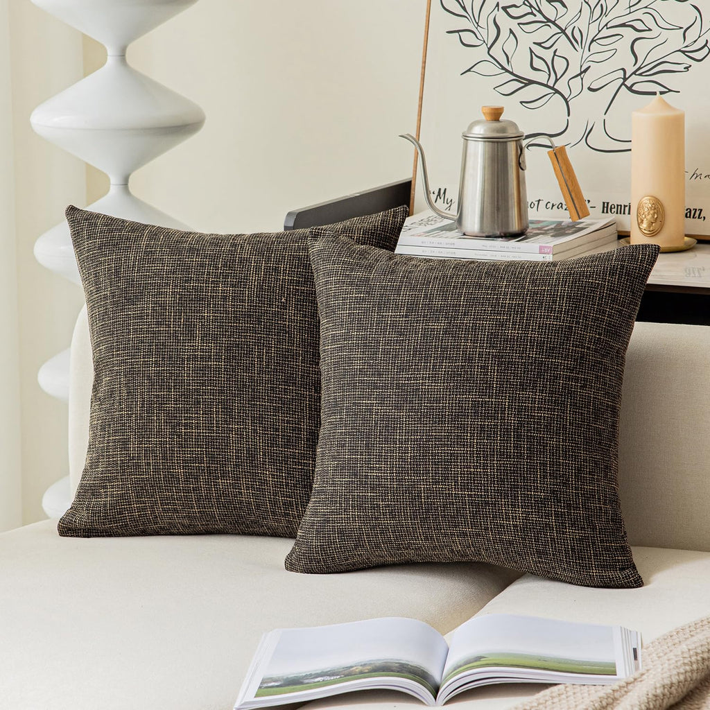 Kevin Textile Textural Faux Linen Throw Cushion Pillow Covers Shams For Couch, Invisible Zipper, 55X55Cm(Set Of 2,Black Gold)